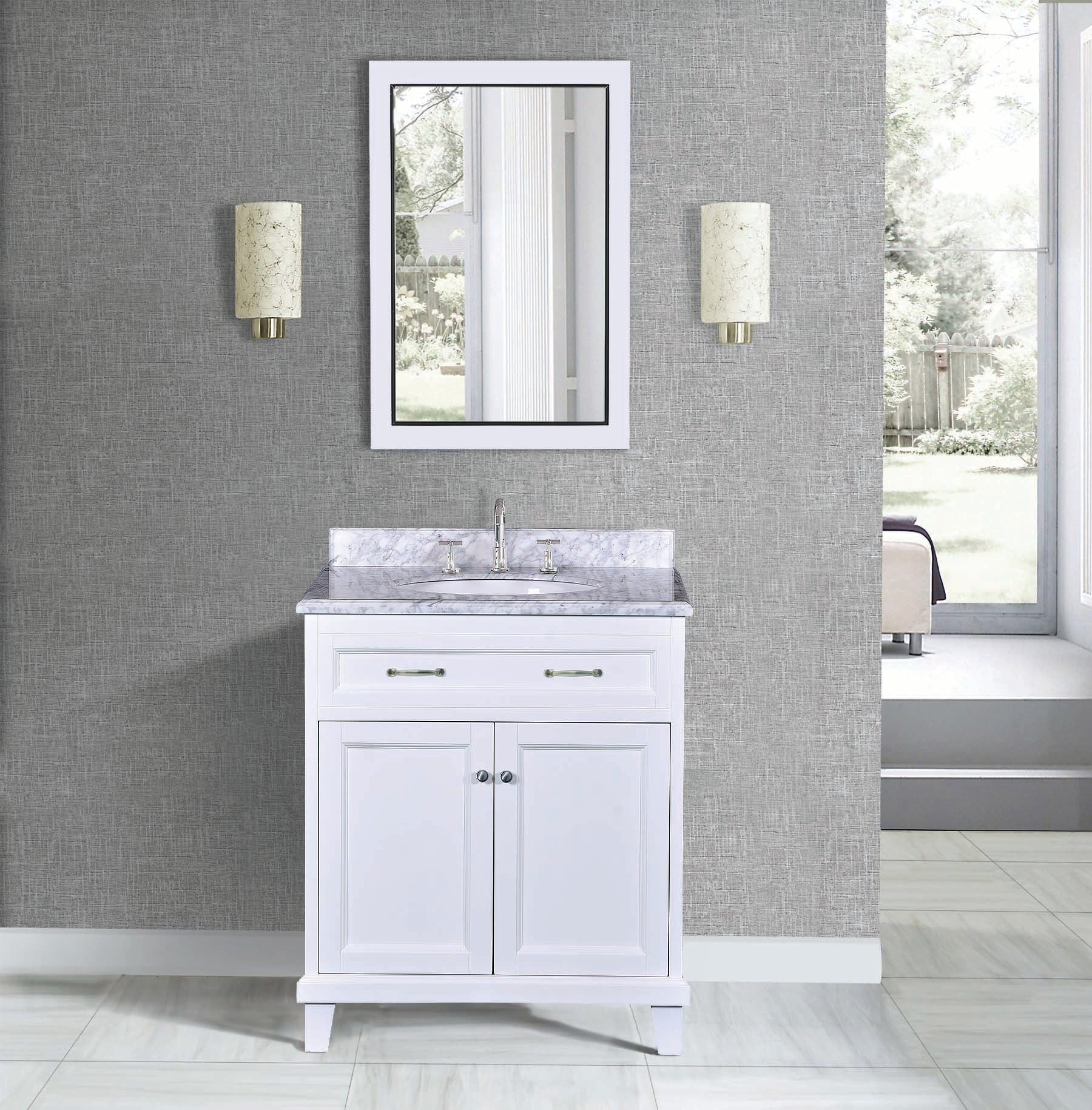 Addison 30"W x 22.4"D x 35"H White Vanity w/ Solid Wood & Carrara Marble Top