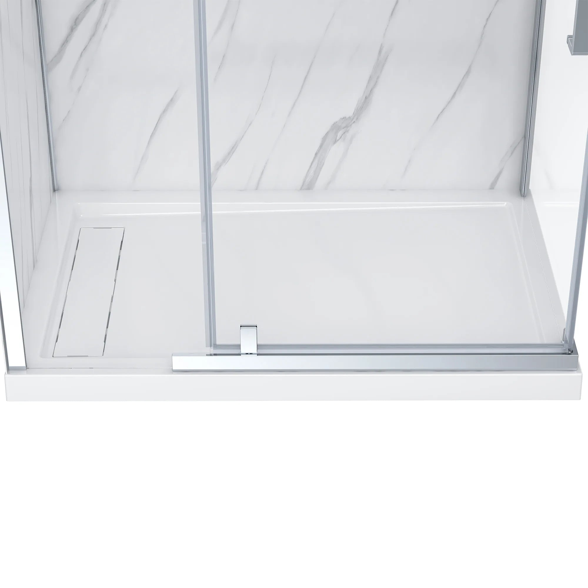 Glass shower enclosure with a sliding door on a white background