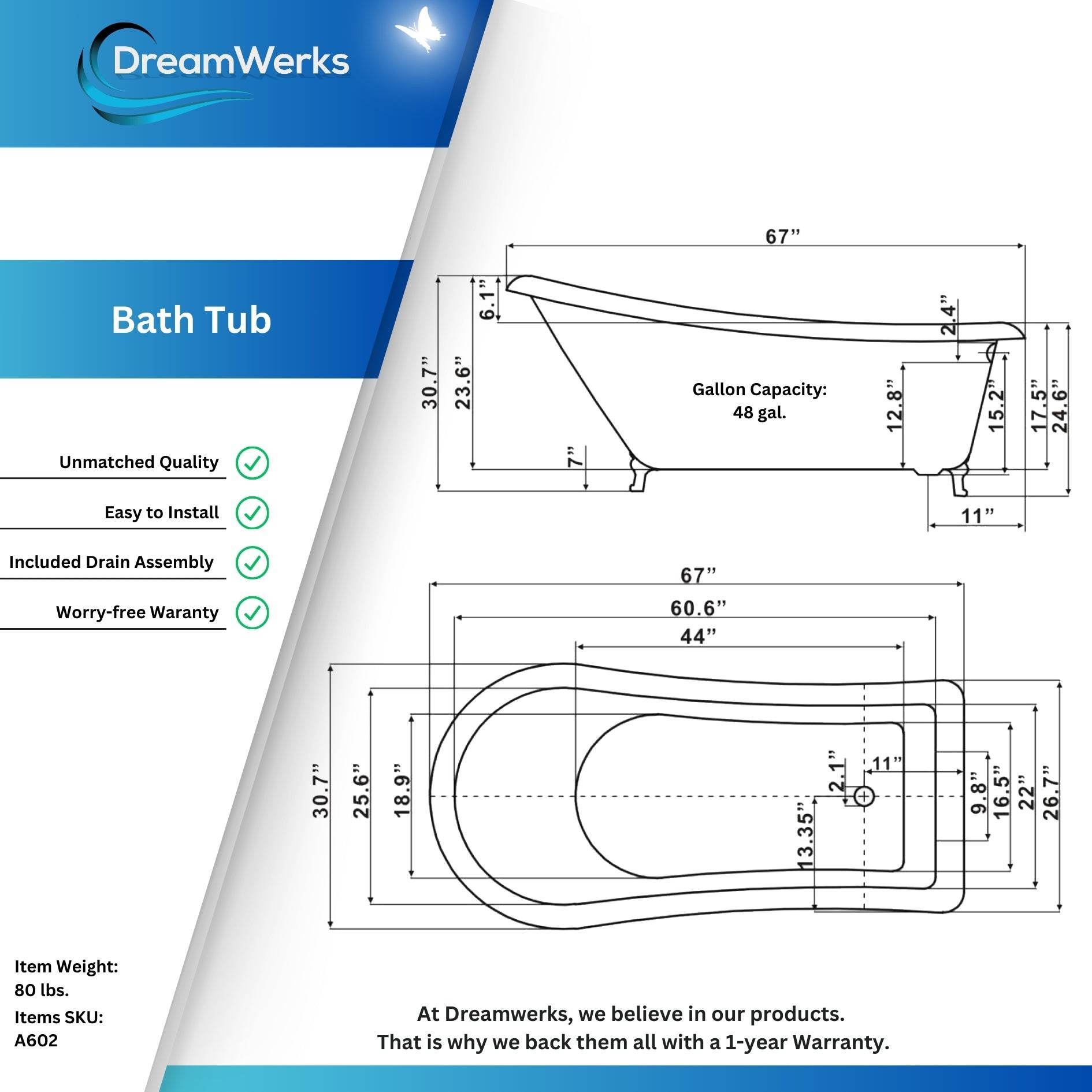 Infographic image of 67" Acrylic Claw Foot Tub