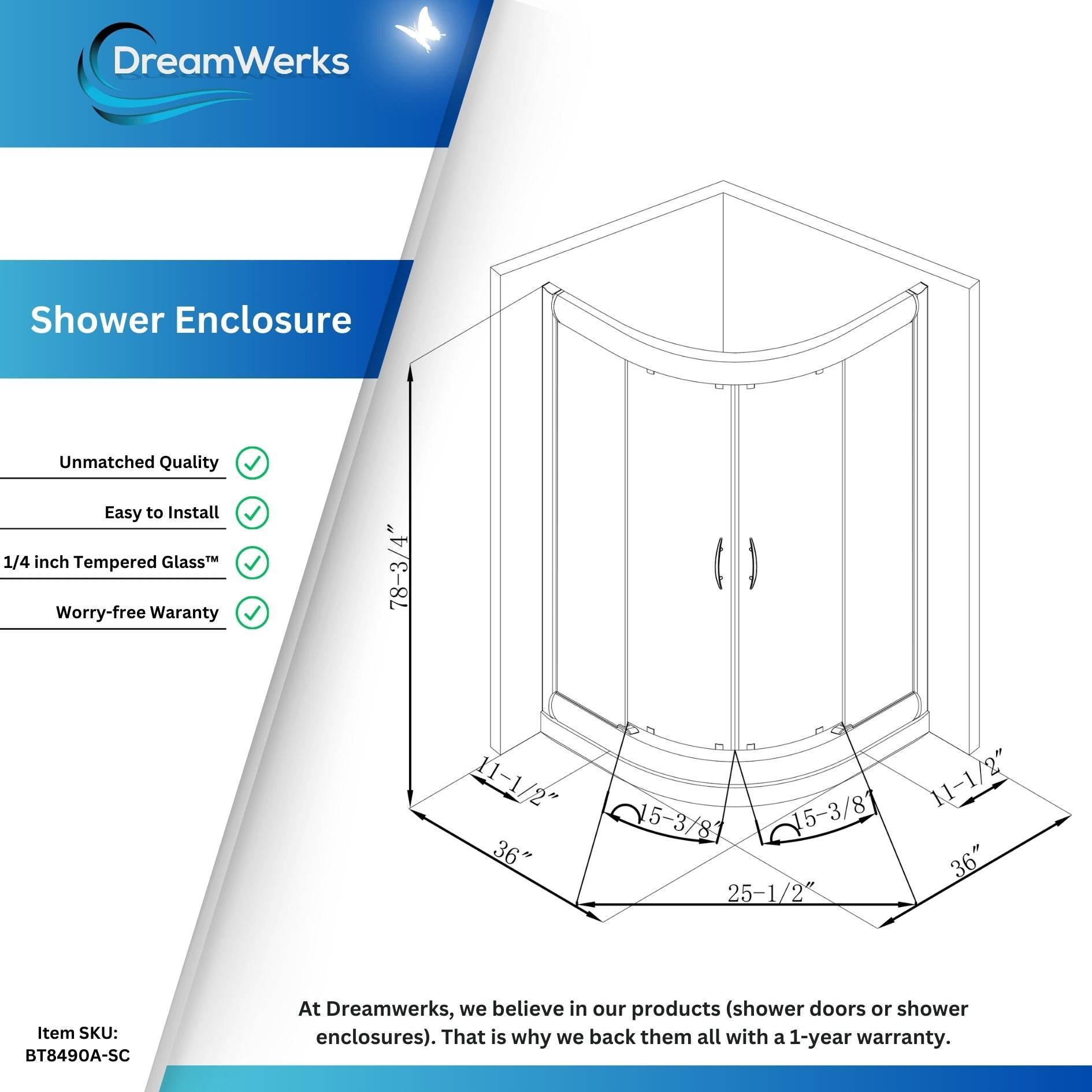 Dreamwerks 36 in. W x 79 in. H Framed Sliding Shower Enclosure - Available in Clear or Frosted Glass - Dreamwerks