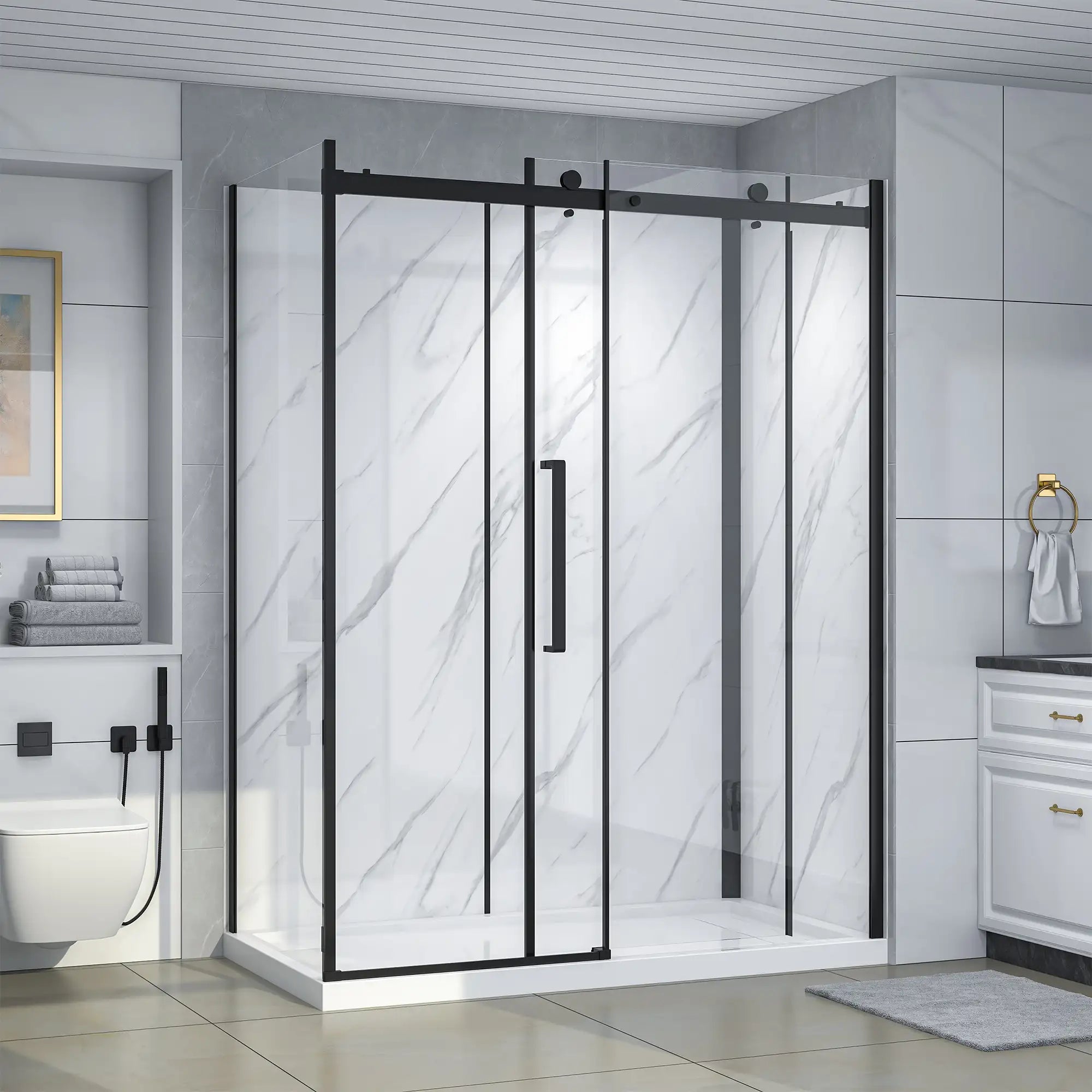 Dreamwerks Bristol 60-inch corner shower kit with sliding door, matte black frame, clear tempered glass panels, white marble-look shower walls, and a matching white base. The unit is installed and with open door in a modern bathroom with gray tiled walls.