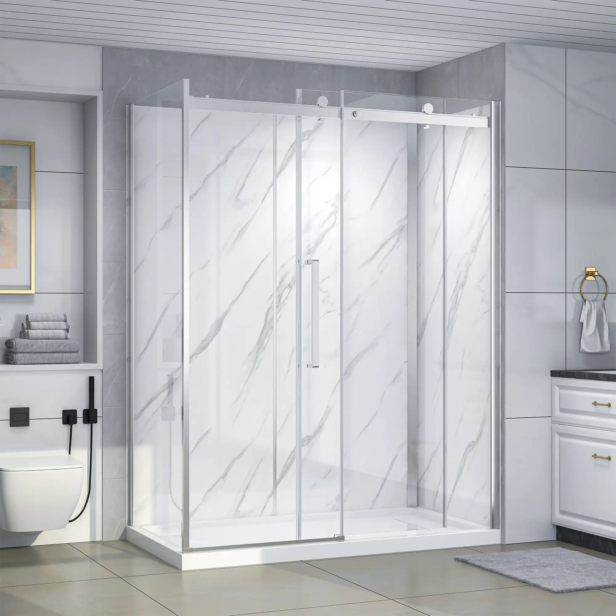Dreamwerks Bristol rectangular corner shower kit with an open semi-frameless clear glass sliding door, hardware in a brushed nickel finish, white marble-look shower walls, and a low-profile white base, installed in a modern gray bathroom.
