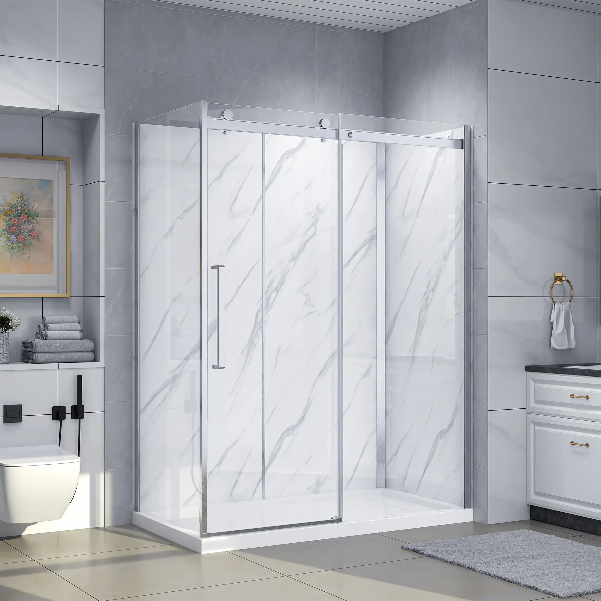 Dreamwerks Bristol rectangular corner shower kit with a semi-frameless clear glass sliding door, hardware in a brushed nickel finish, white marble-look shower walls, and a low-profile white base, installed in a modern gray bathroom.