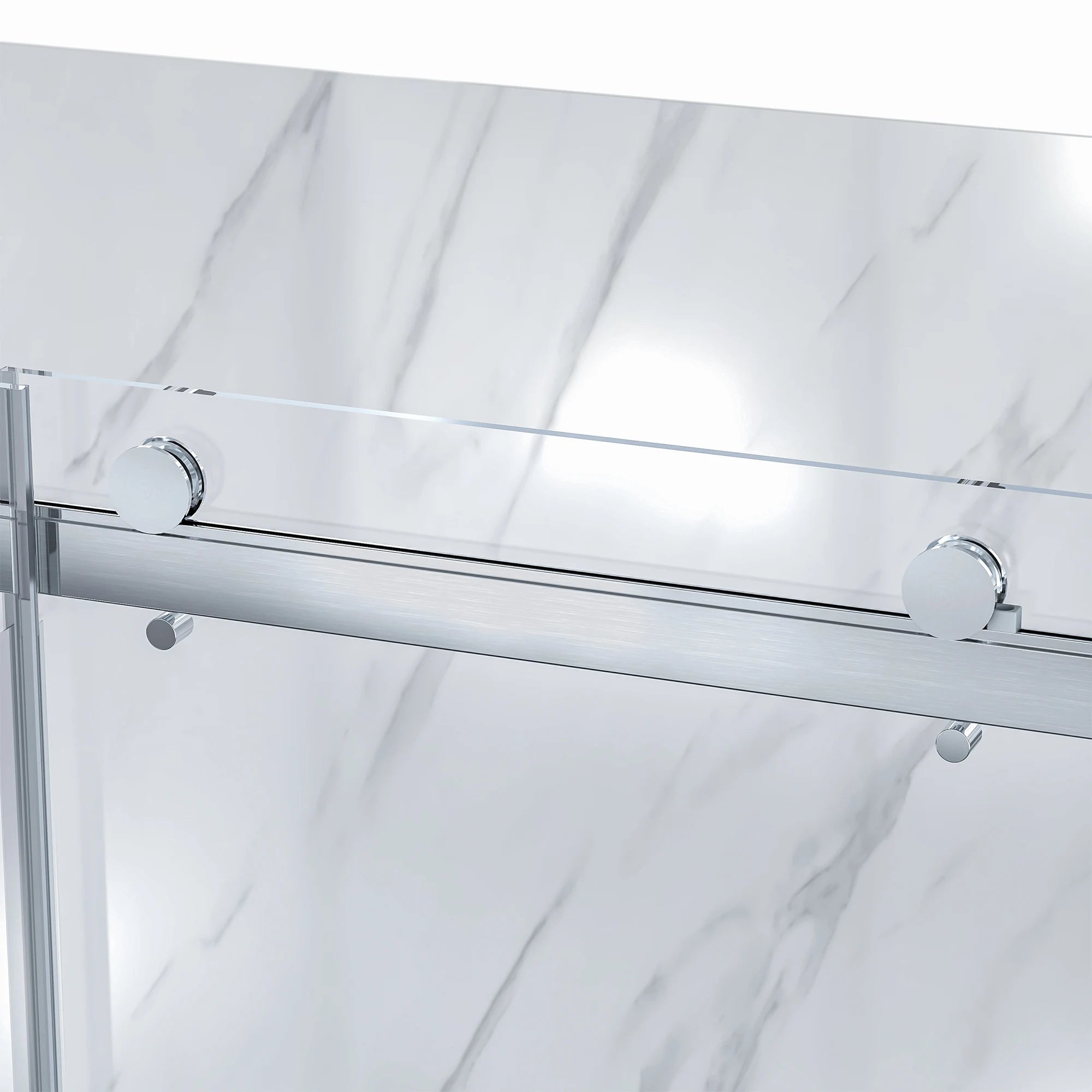 Close-up of the semi-frameless sliding shower door hardware in a brushed nickel finish, showing the large, exposed circular rollers gliding along the top rail against a white marble-look shower wall.