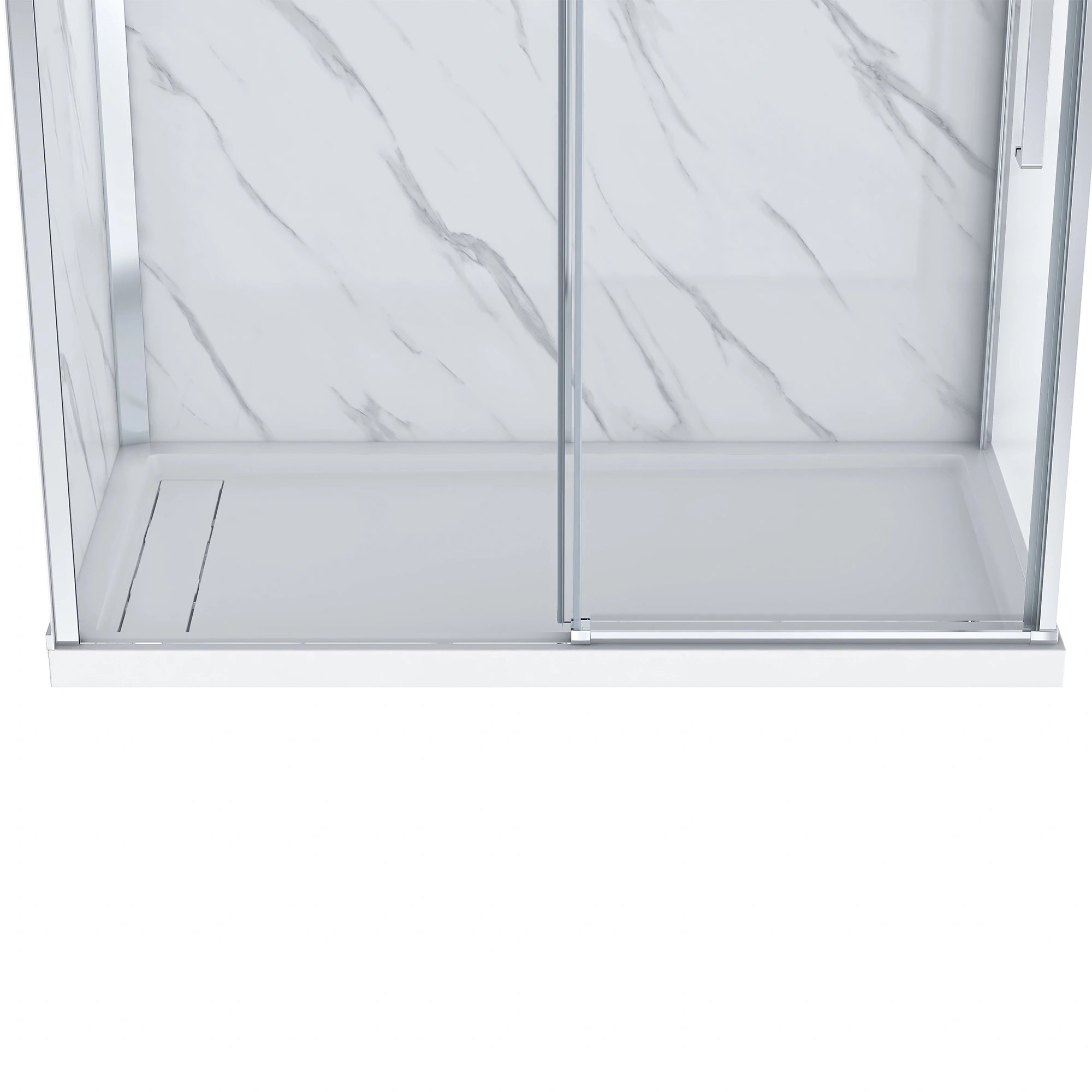 Close-up view of the Dreamwerks shower base in white and the lower chrome frame of the sliding door. The low-profile base features a recessed linear drain and the bottom track for the clear glass panel.