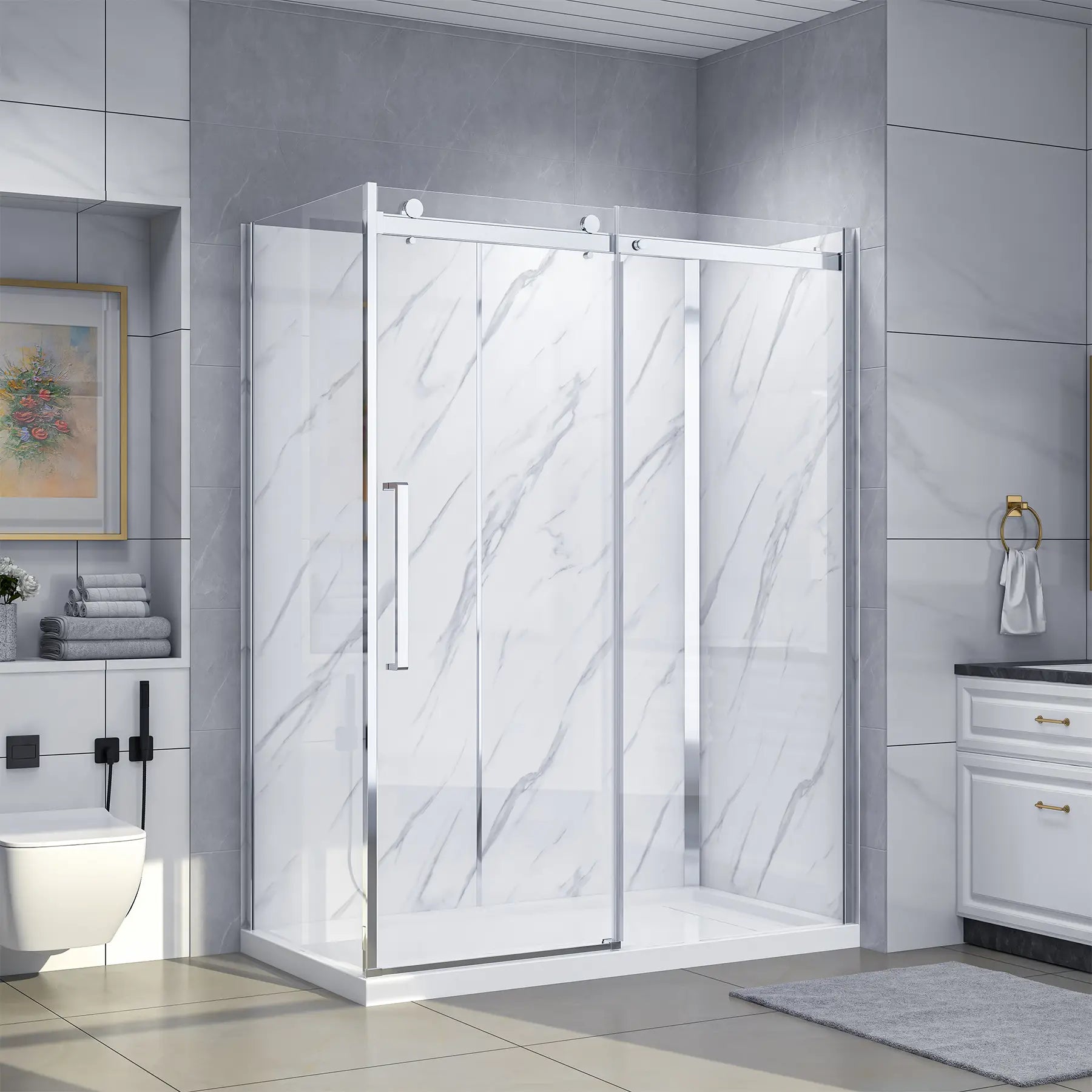 Dreamwerks Bristol rectangular corner shower kit with a semi-frameless sliding glass door and bright chrome finish. The unit includes white marble-look shower walls and a white low-profile shower base, installed in a modern bathroom setting.