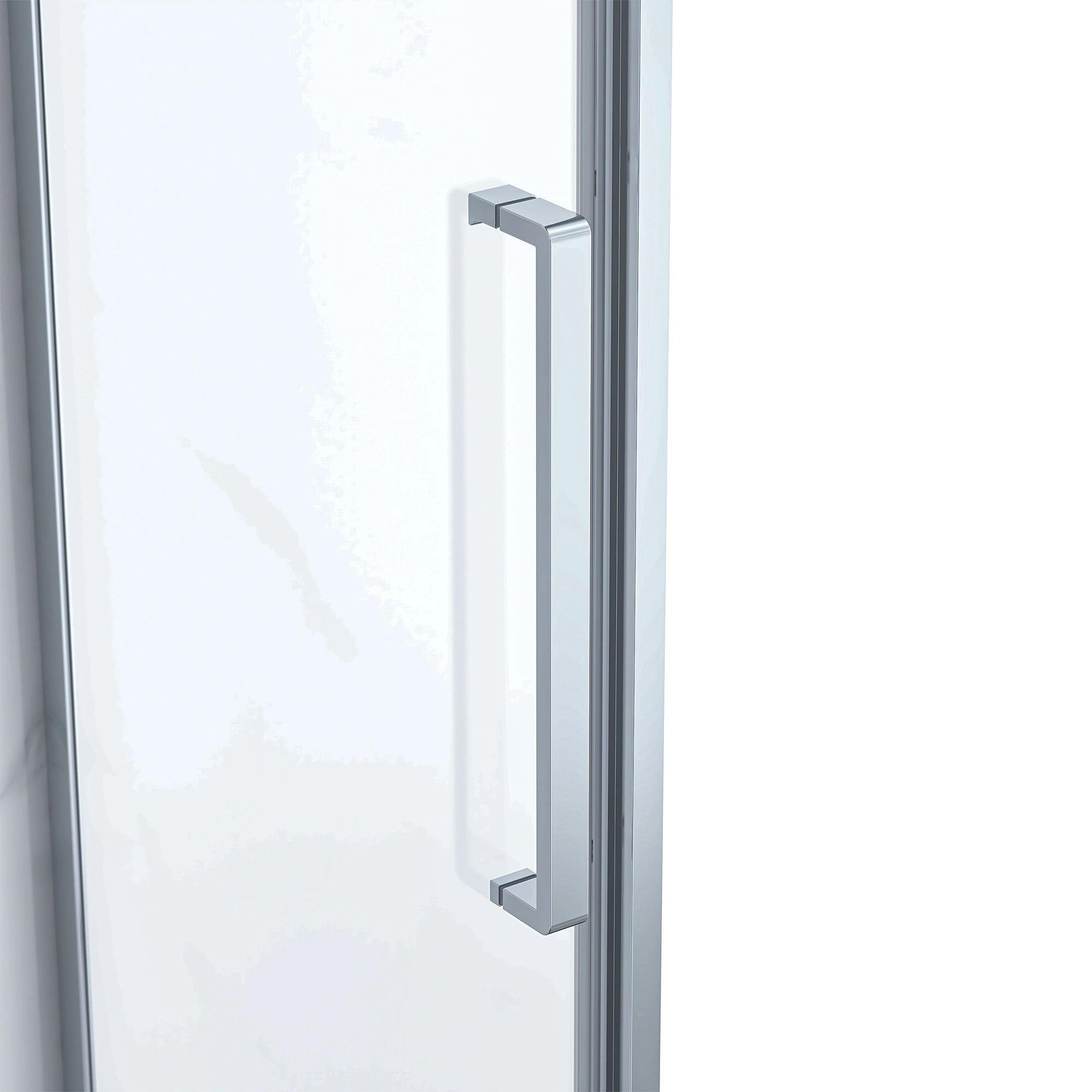 Close-up of the Dreamwerks shower door's vertical frame and square pull handle in a polished chrome finish, highlighting the clear glass panel and modern design details.