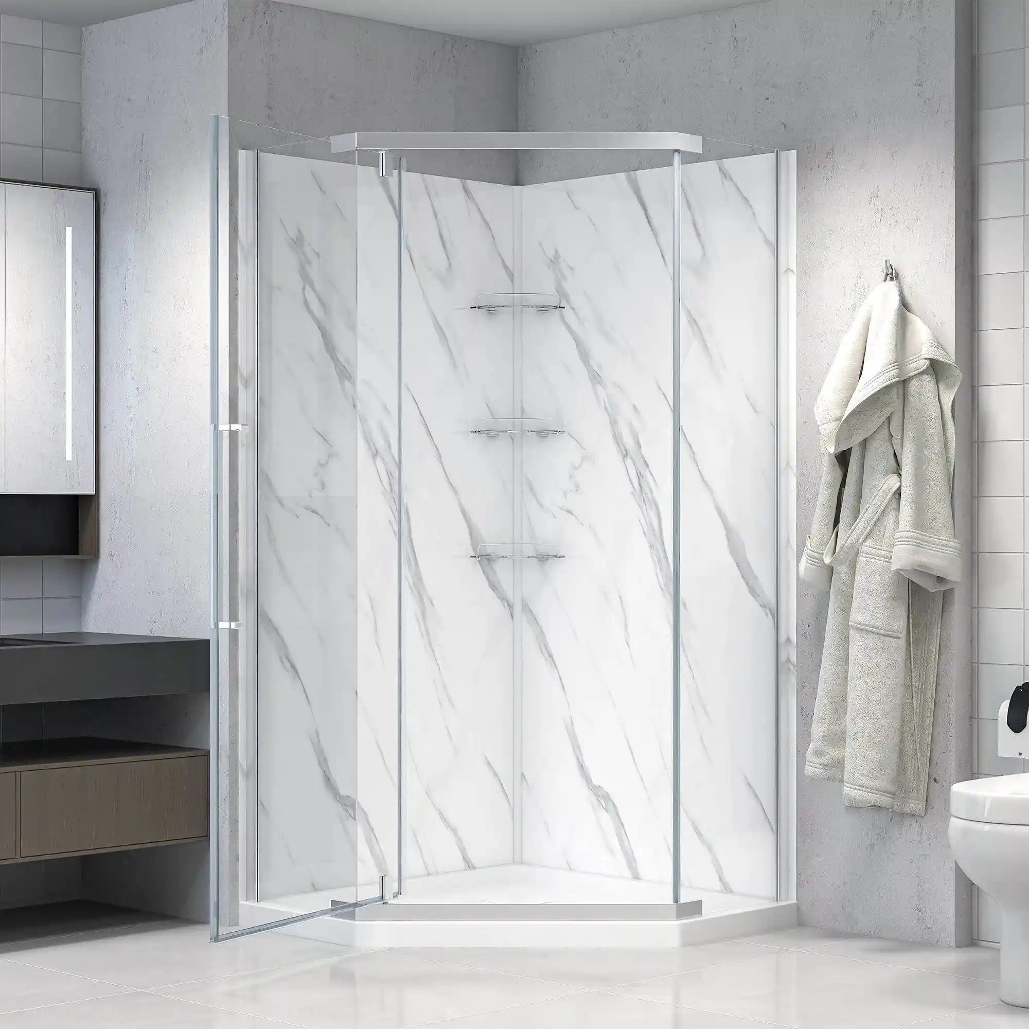 Dreamwerks Capri neo-angle shower kit with the hinged center door open, featuring a three-panel clear glass enclosure, chrome trim, and white marble-look wall panels, set over a pentagonal white shower base.