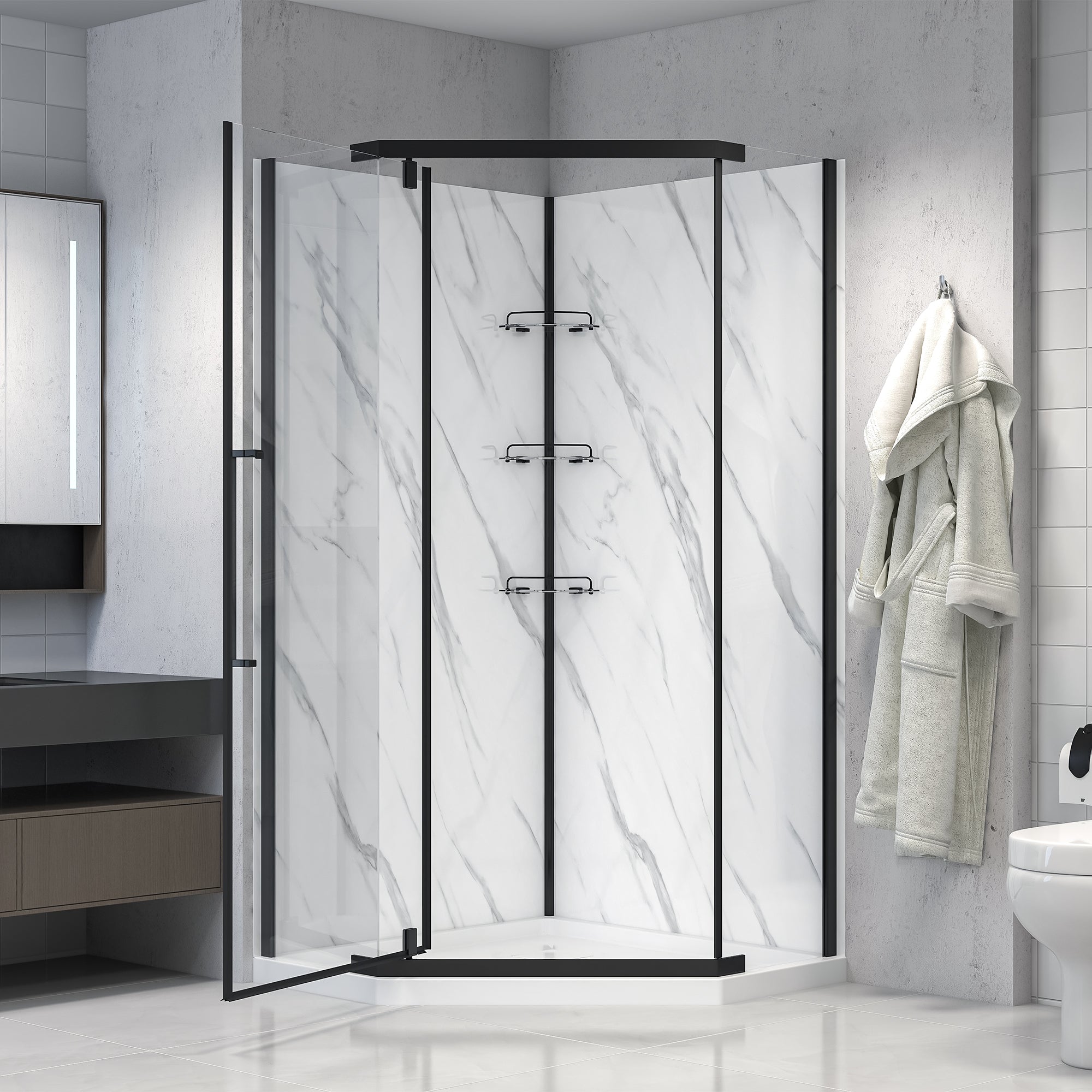 Modern neo-angle shower kit with frameless door in brushed nickel finish for sleek bathrooms - Dreamwerks