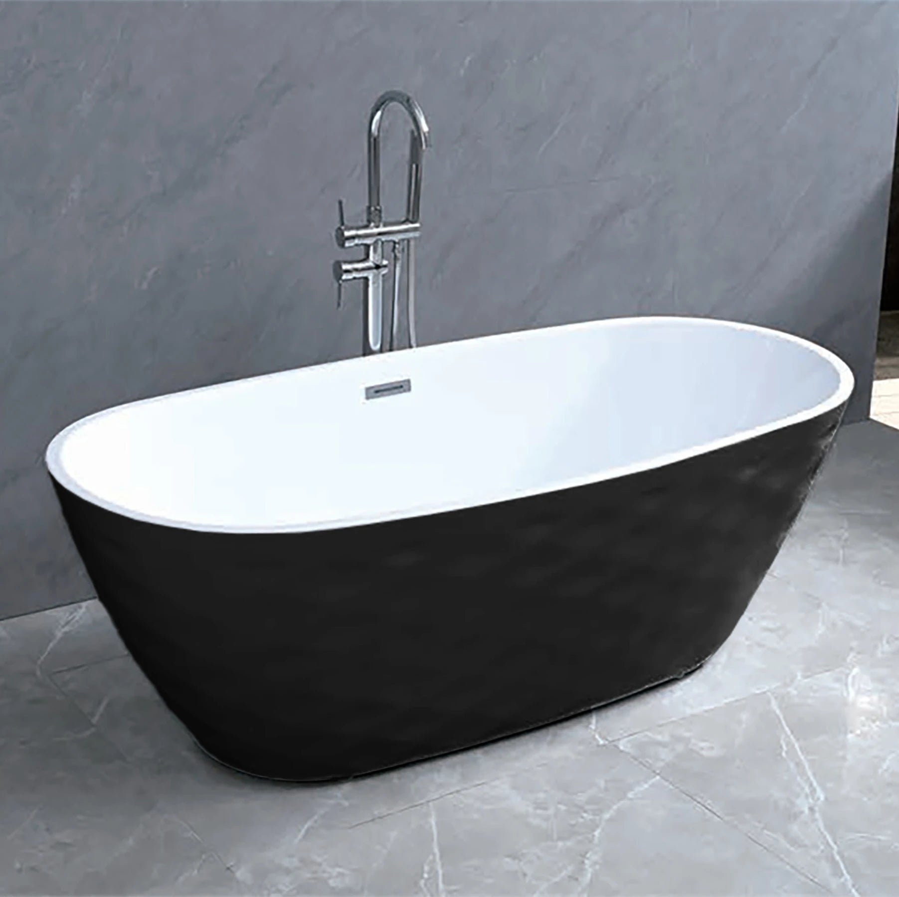 Corvino 67-inch Glossy Black Wavy Freestanding Acrylic Bathtub with modern chrome faucet, shown in a contemporary gray-tile bathroom.