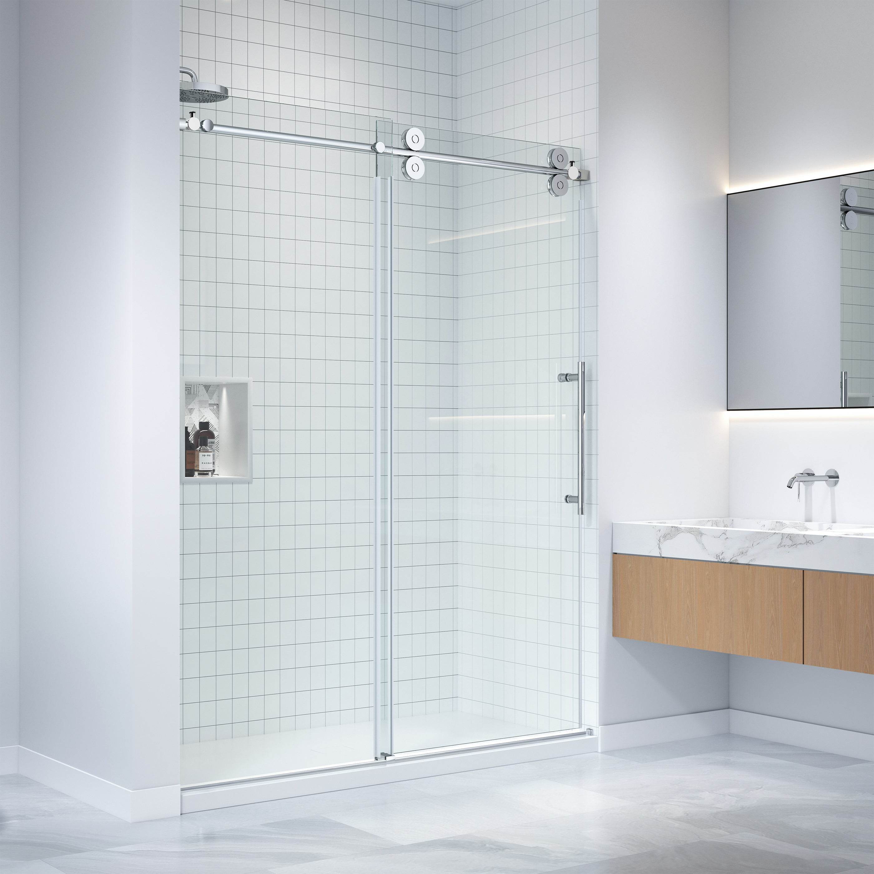 Apollo frameless stainless steel double roller shower door with clear glass for elegant bathroom design