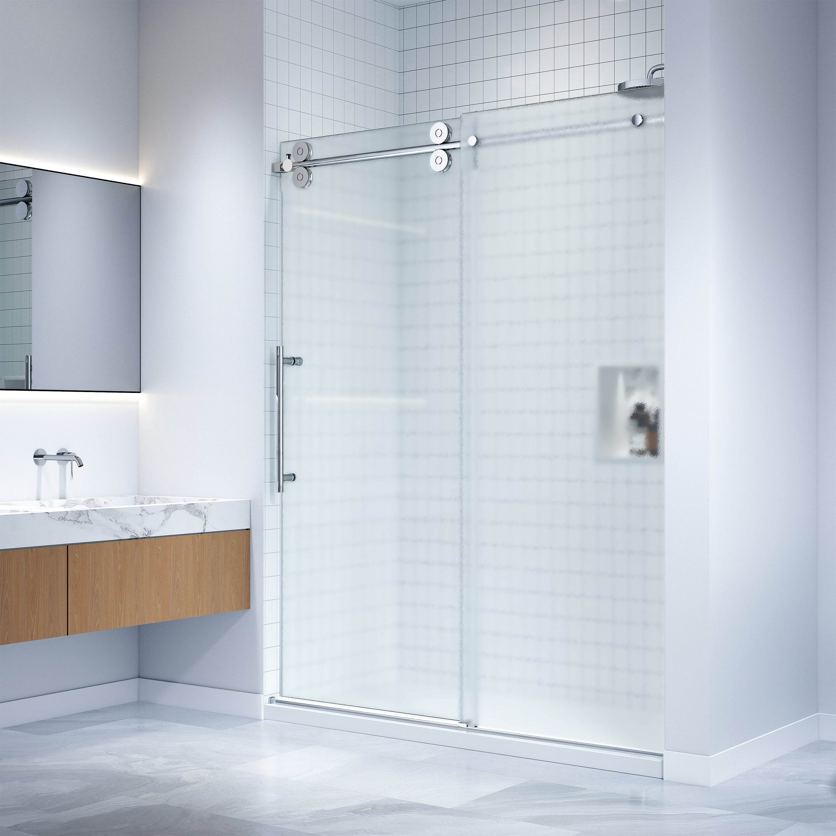 Frameless sliding shower door in Bright Chrome with frosted glass – luxury bathroom fixture by Dreamwerks
