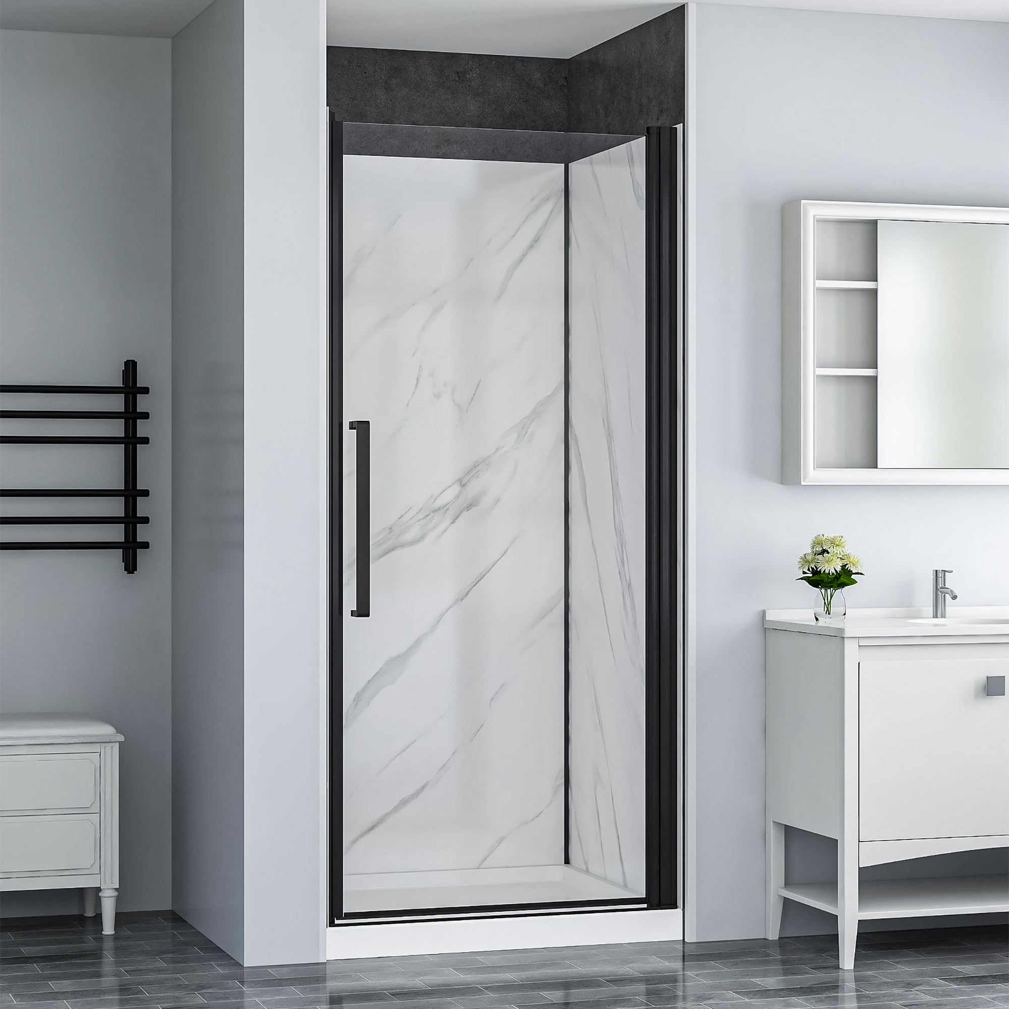 York modern 36x36 black alcove shower kit with pivoting door and sleek enclosure