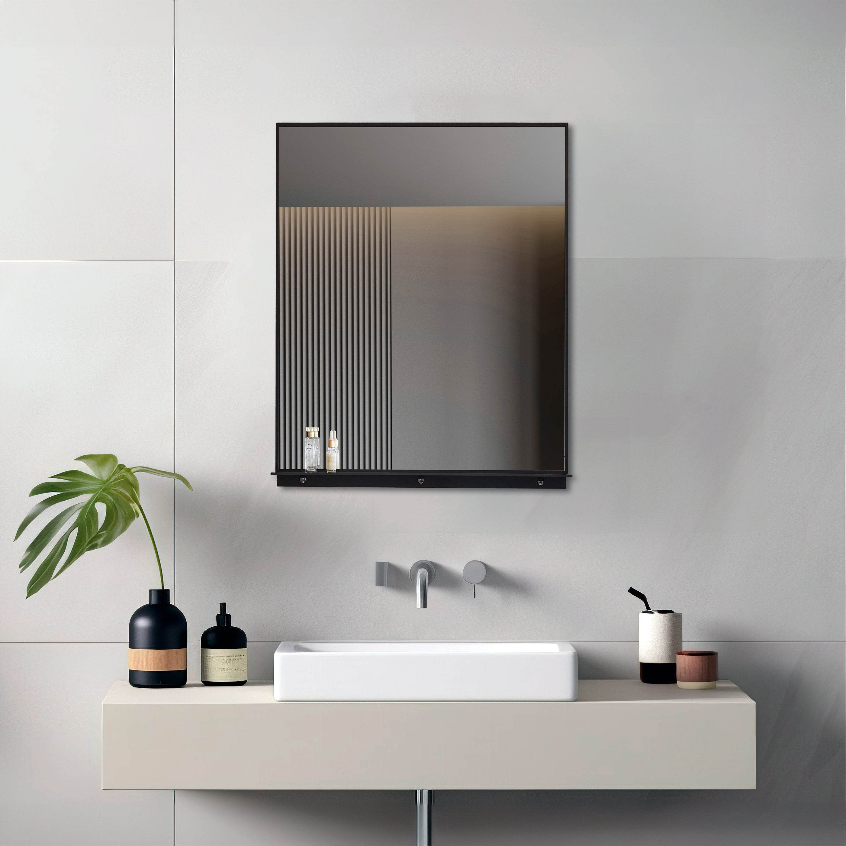 Lexi 24" x 32" Black & Chrome Framed Wall Mirror with Shelf β Water Resistant & Versatile