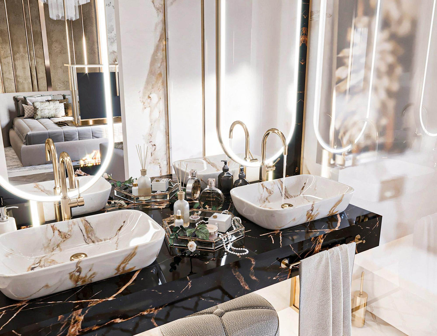 New luxury marble vanity top in black, in a modern luxury bathroom.