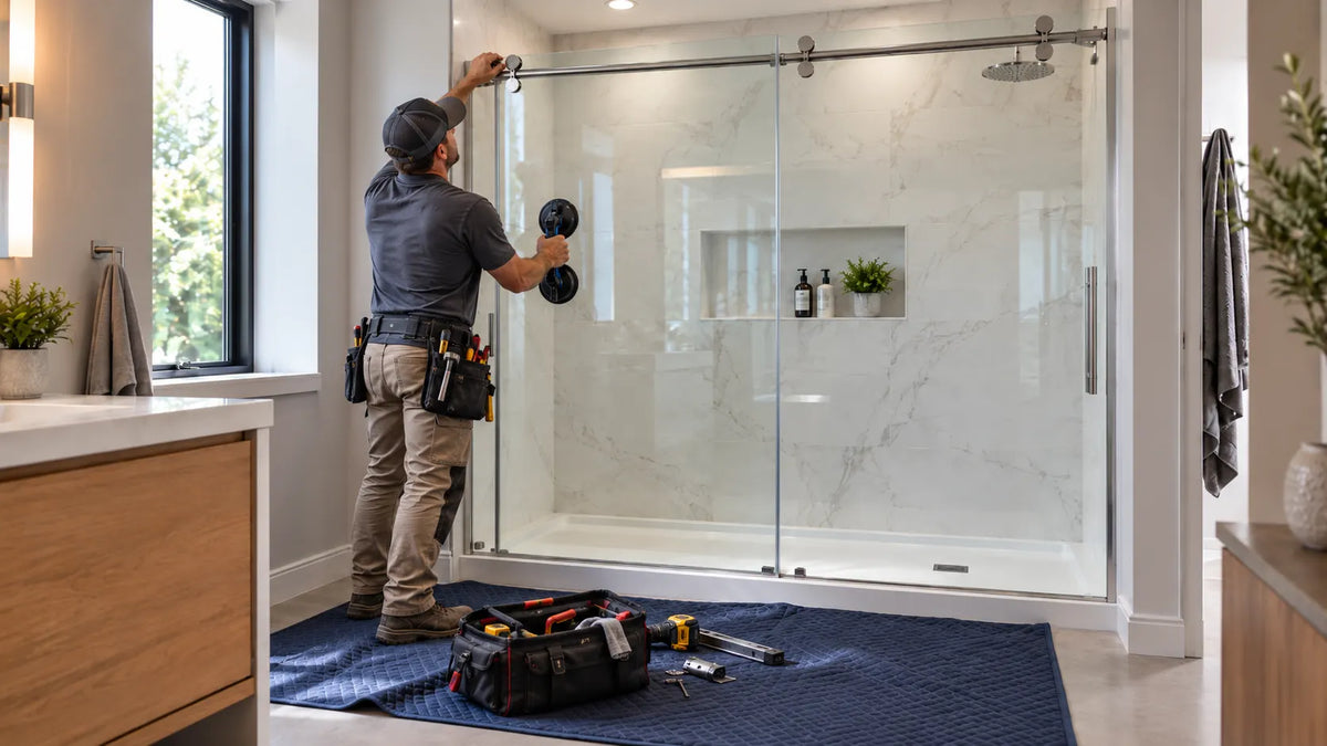 Installer fitting a frameless sliding glass shower door in a modern bathroom with marble-look walls and chrome hardware.