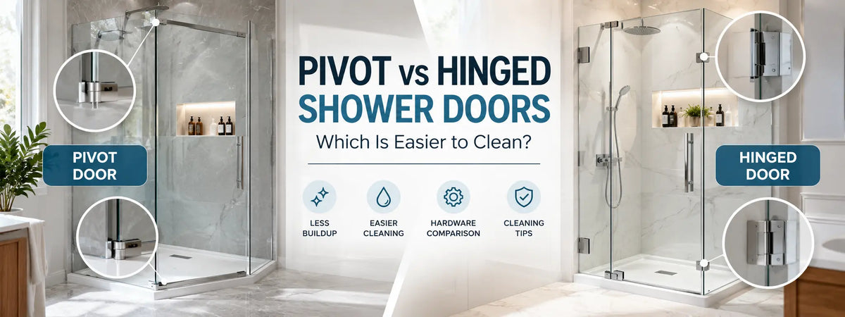 Side-by-side comparison of pivot and hinged glass shower doors in modern bathrooms, highlighting chrome hardware, hinge designs, and easy-to-clean features. DreamWerks guide to choosing low-maintenance shower doors.