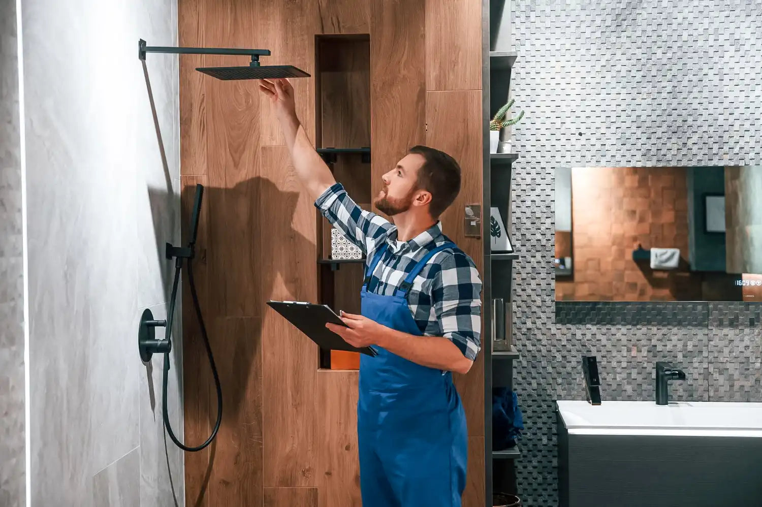 A professional installer in blue overalls holding a clipboard while inspecting a modern black rain shower head in a contemporary bathroom showroom.