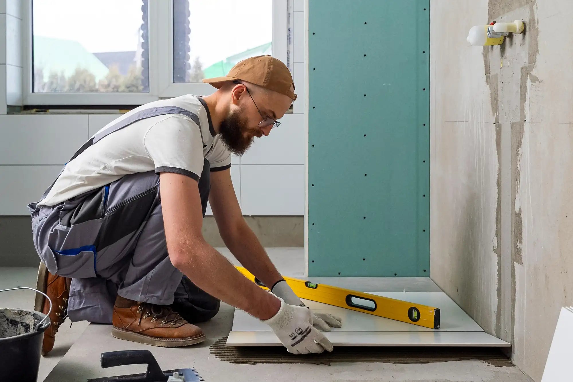 Close-up of a professional installer's hands applying a bead of white construction adhesive to the back of a DreamWerks white acrylic shower wall panel before mounting.