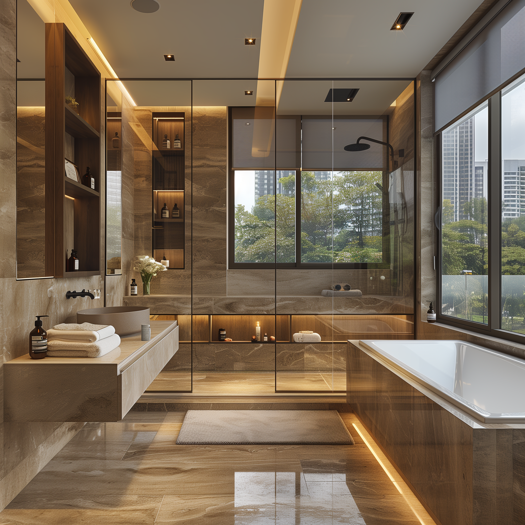 Luxury modern bathroom with large glass windows, a freestanding bathtub, and marble walls with ambient lighting.