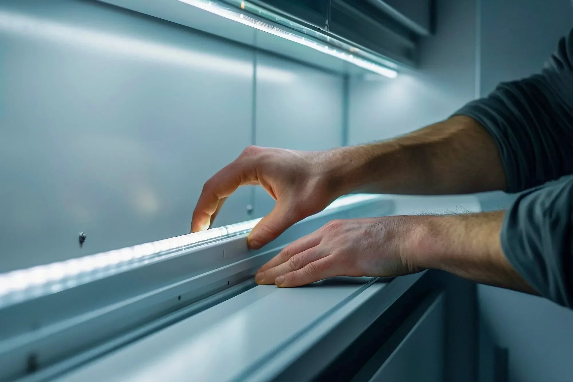 Hands installing an LED light strip for the medicine cabinet in the bathroom.