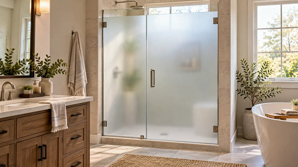 Bright modern bathroom with a dreamwerks frosted glass shower door, offering privacy while allowing natural light to pass through.