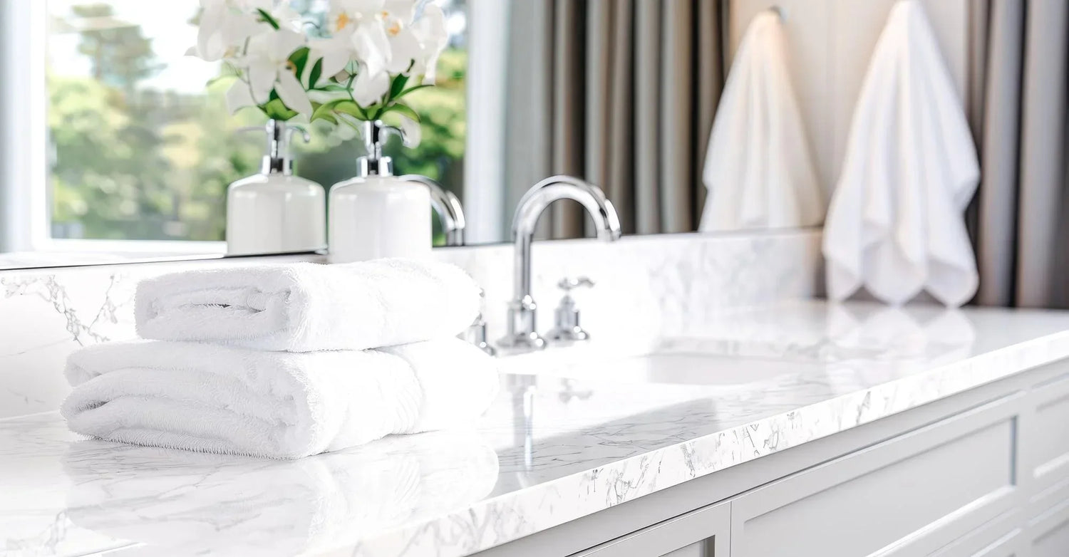 Bright bathroom vanity with a white Carrara marble-look countertop, chrome faucet, folded white towels, soap dispensers, flowers, and a large wall mirror.