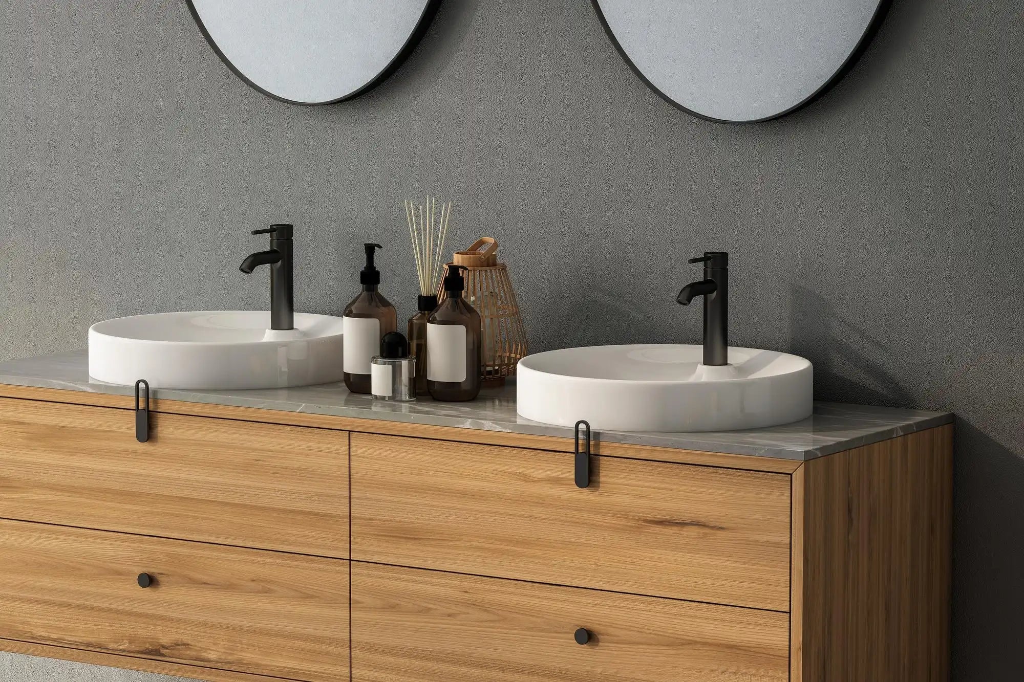 Modern bathroom vanity with two white ceramic basins and wooden cabinets in a modern bathroom.