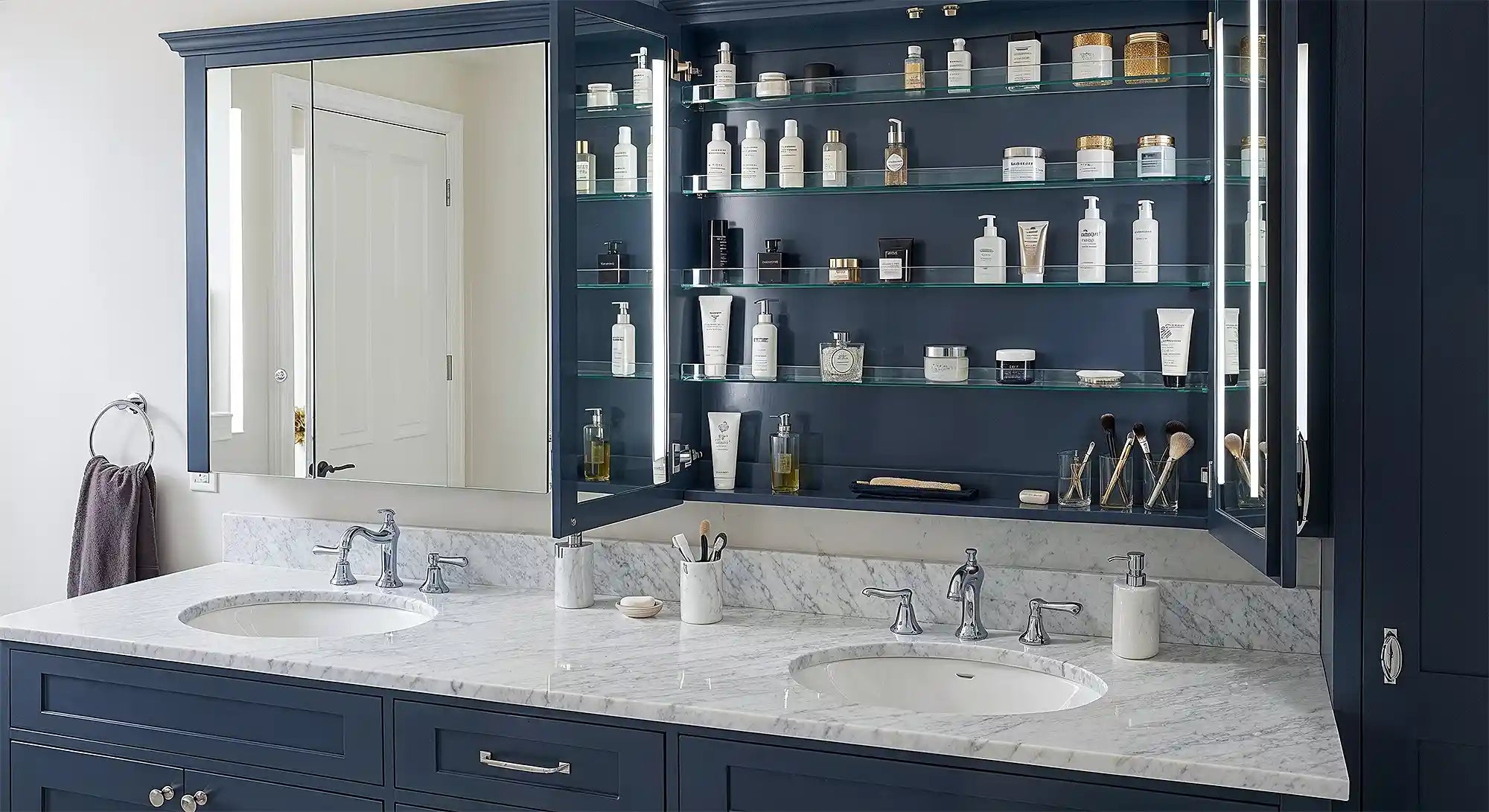 Dreamwerks contemporary bathroom with blue vanities and LED medicine cabinets.