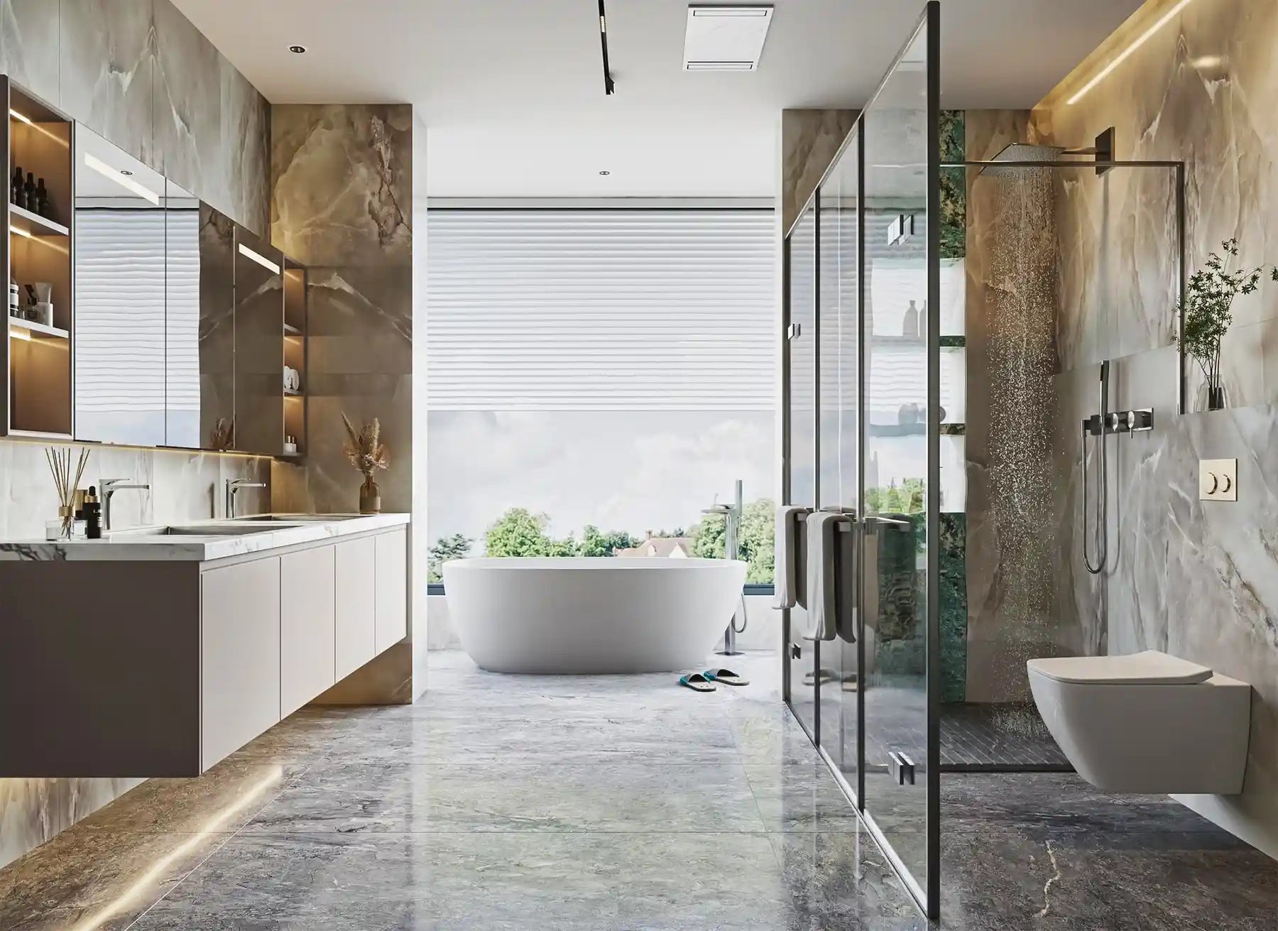 uxury bathroom with marble walls and flooring, featuring a white freestanding bathtub in front of a large window, a double sink vanity, and a glass-enclosed shower.