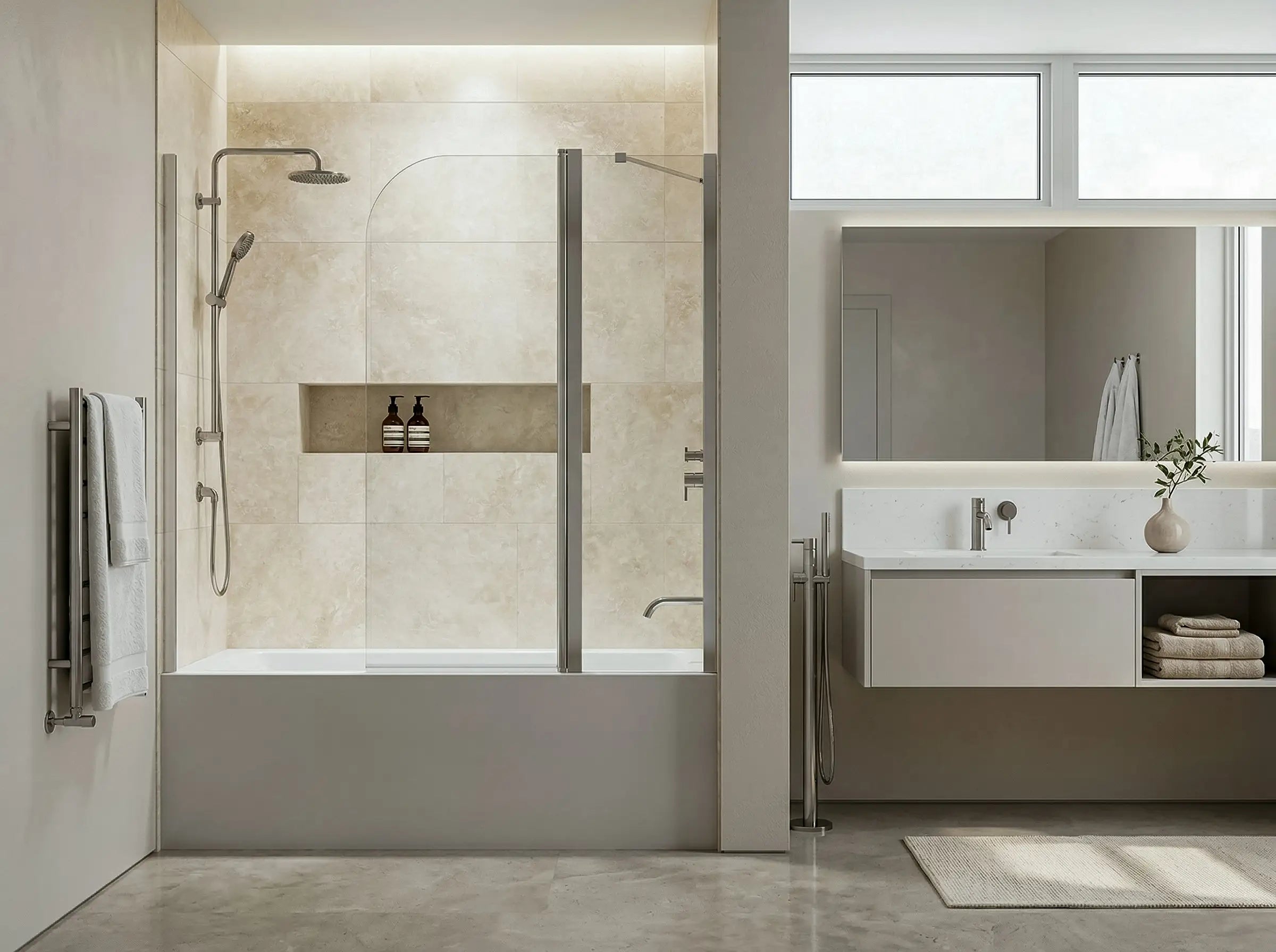 Frameless premium tempered glass bathtub doors for modern bathroom.