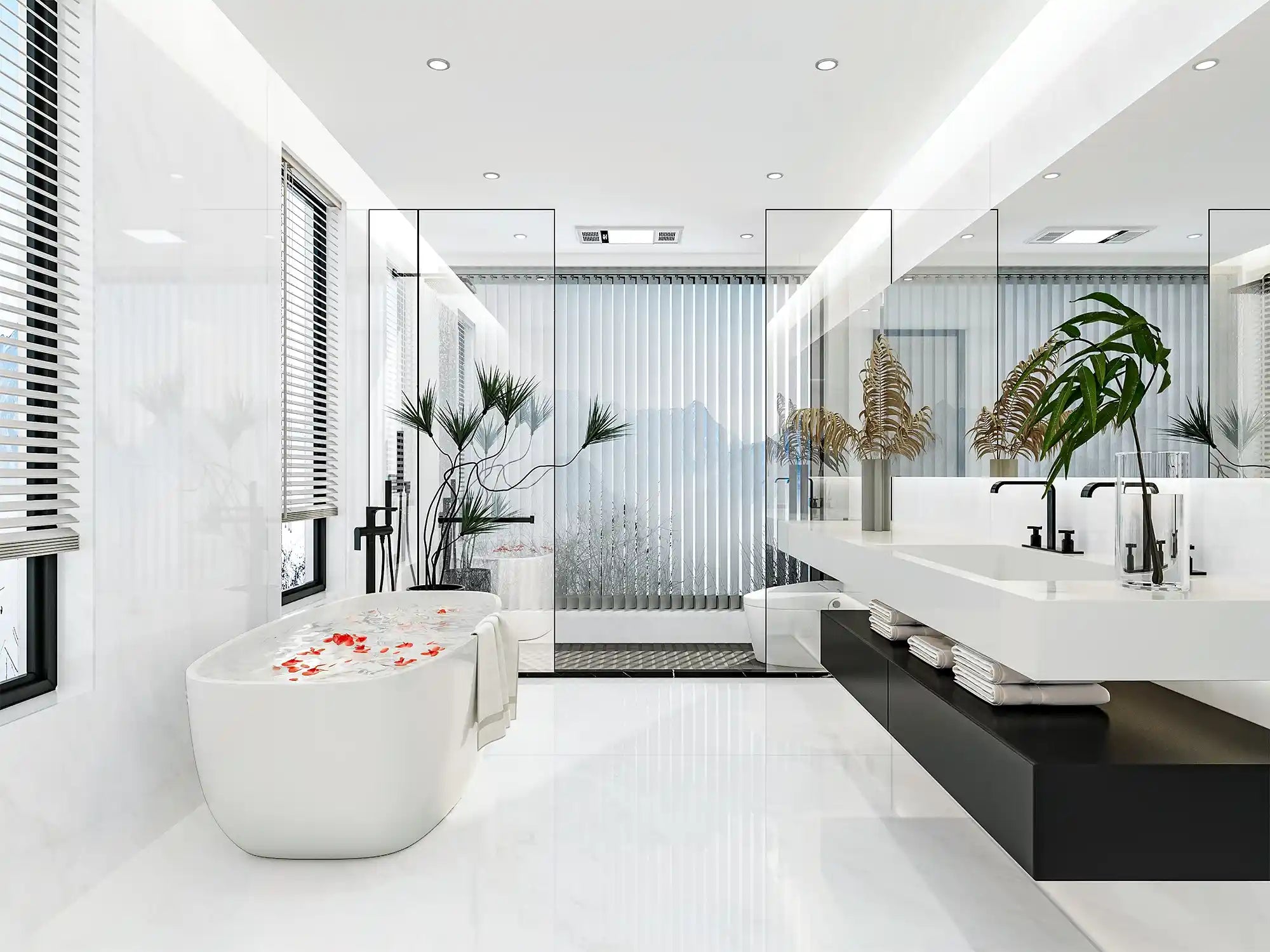 Wide view of a brightly lit, modern luxury bathroom featuring a white freestanding soaking tub, a sleek black floating vanity with white dual sinks, and a walk-in shower with clear glass panels.