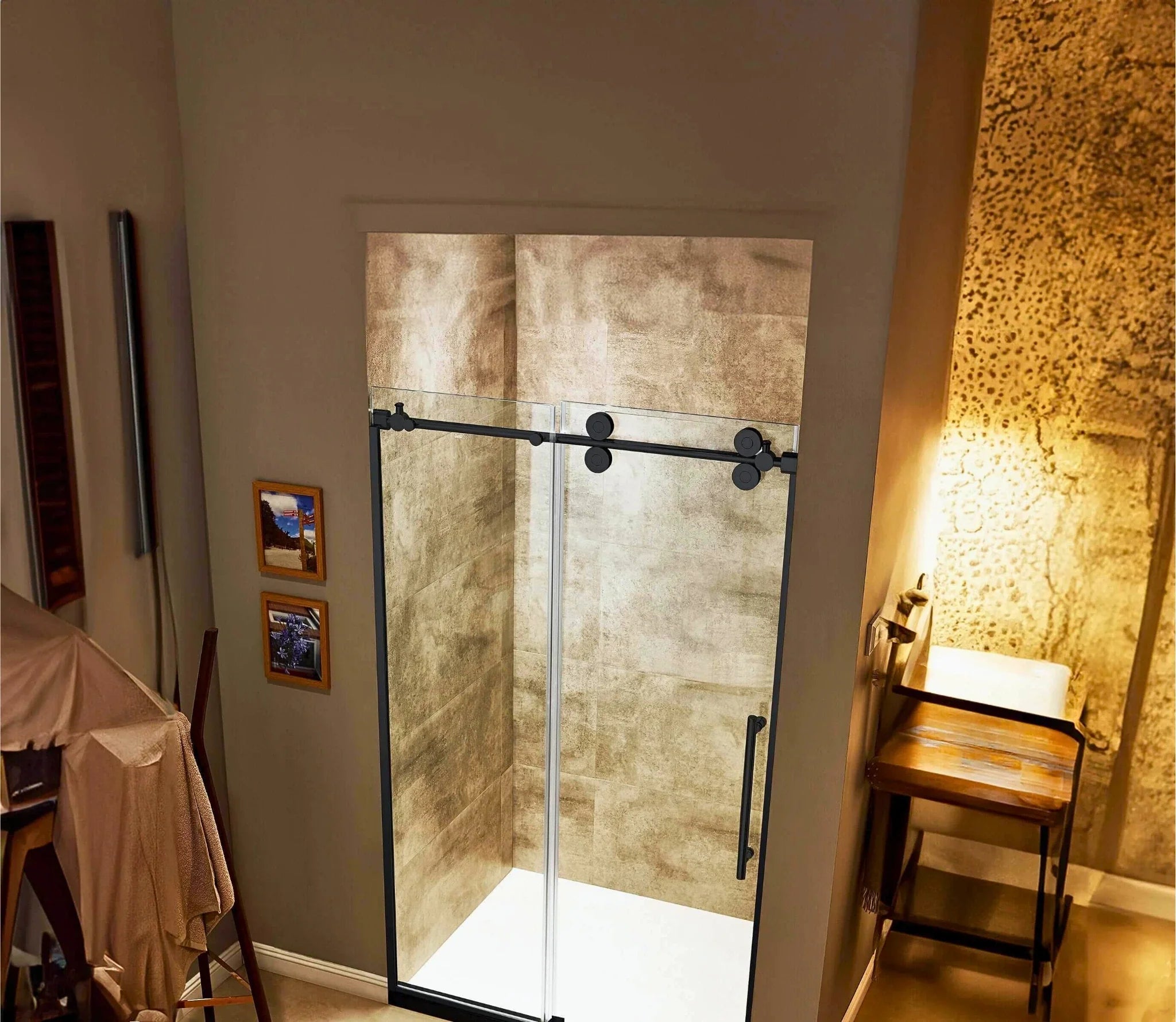 A black Dreamwerks double roller shower door system with tempered glass, measuring 60 inches wide.