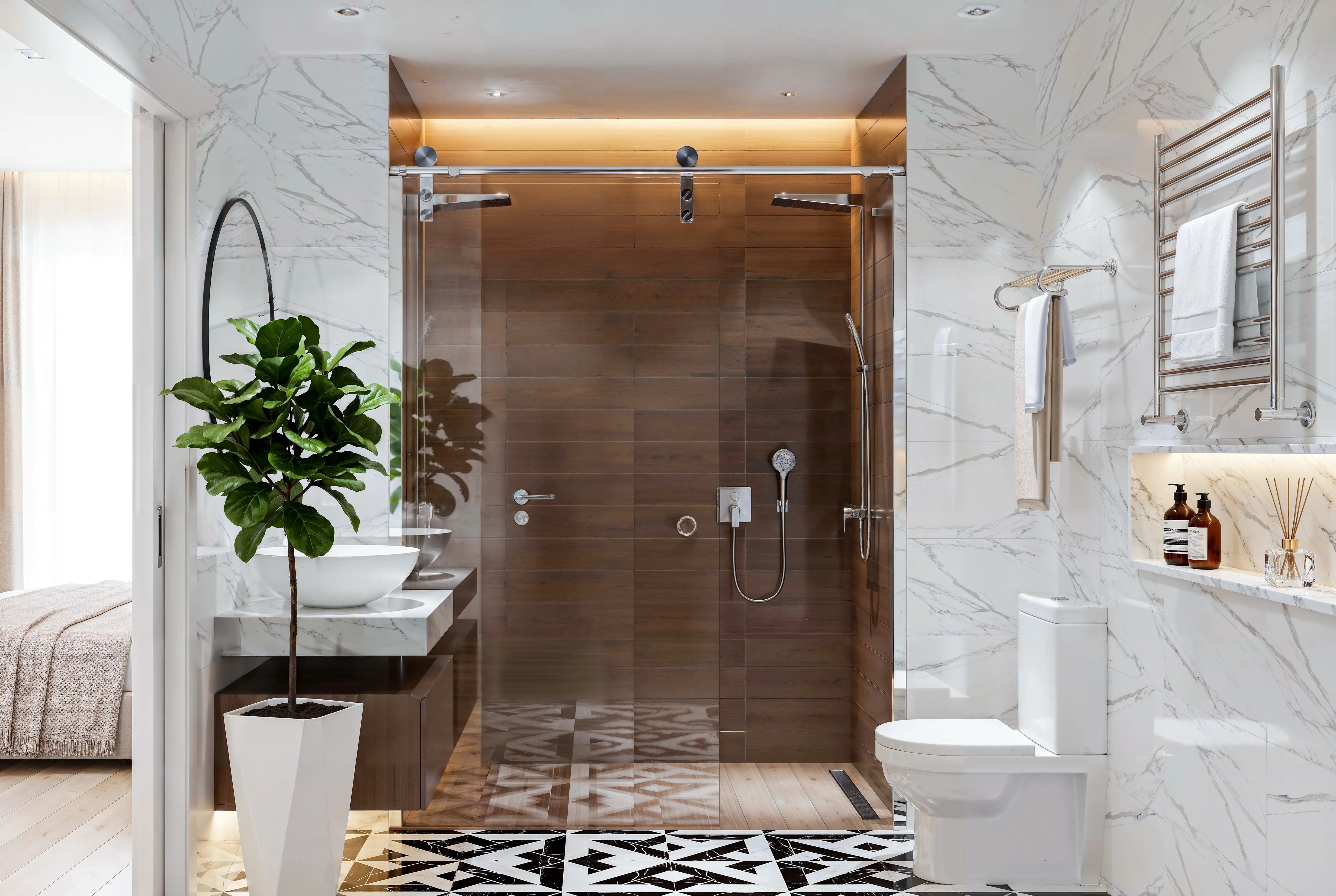 Modern master bathroom with marble walls, a wood-tiled walk-in shower with sliding glass doors, a vessel sink vanity, and black and white geometric floor tiles.
