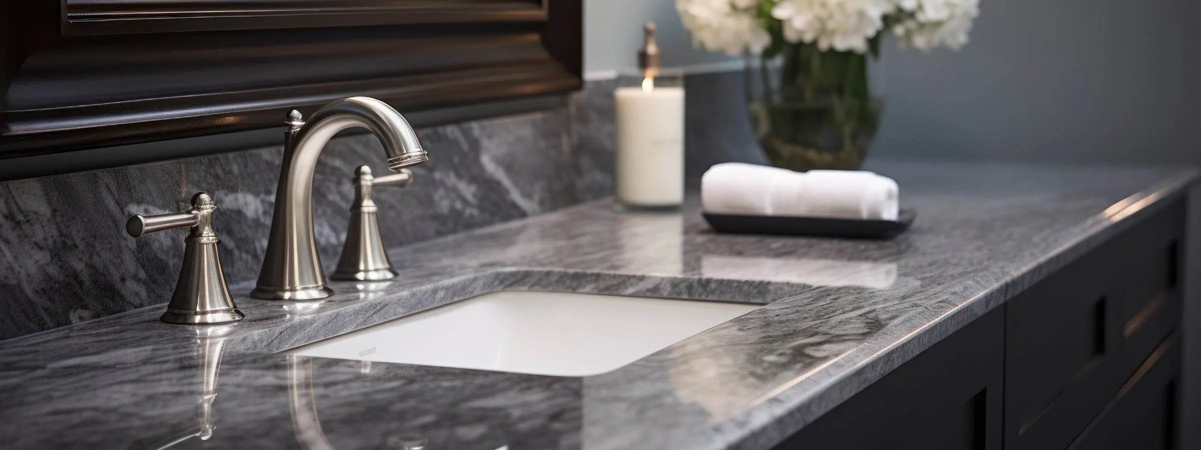 Close-up of a bathroom vanity with a polished gray marble countertop, undermount sink, and brushed nickel faucet. The counter is decorated with a lit candle, a tray holding rolled white towels, and a vase of white flowers.