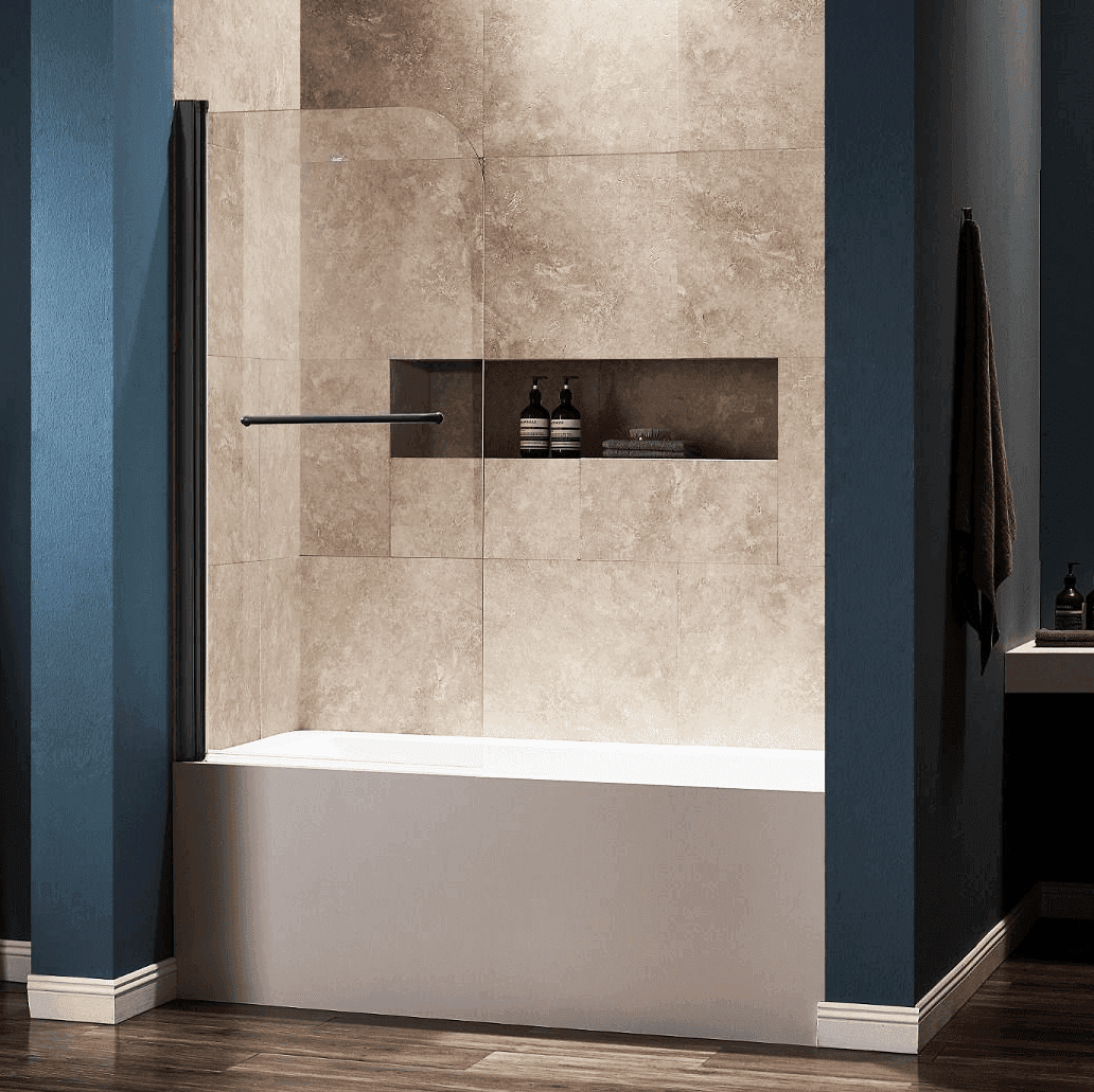 Dreamwerks 30 in. W x 59 in. H Frameless Pivot Tub Door with Clear Glass and Handle in Black - Dreamwerks