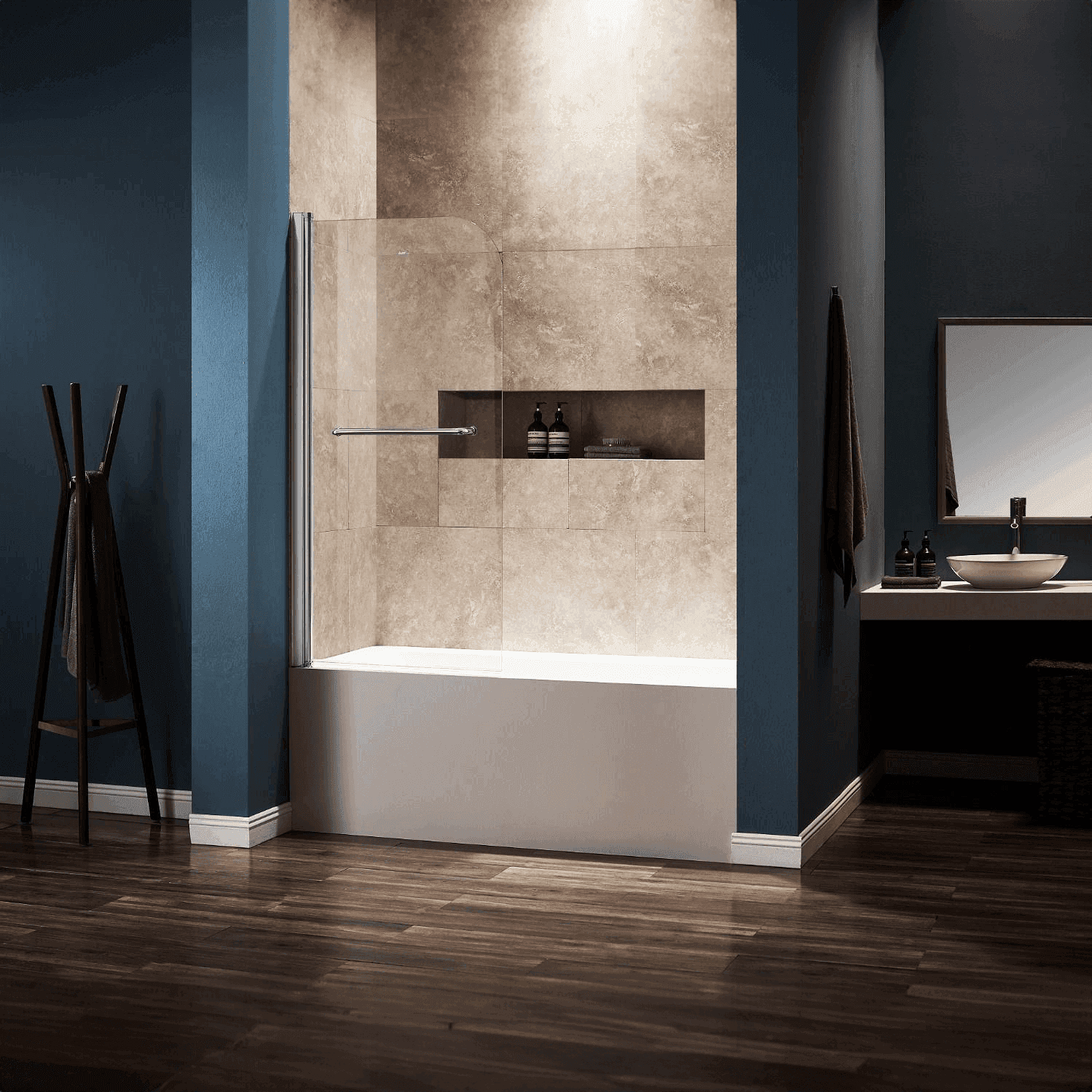 Dreamwerks 30 in. W x 59 in. H Frameless Pivot Tub Door with Clear Glass and Handle in Bright Chrome - Dreamwerks