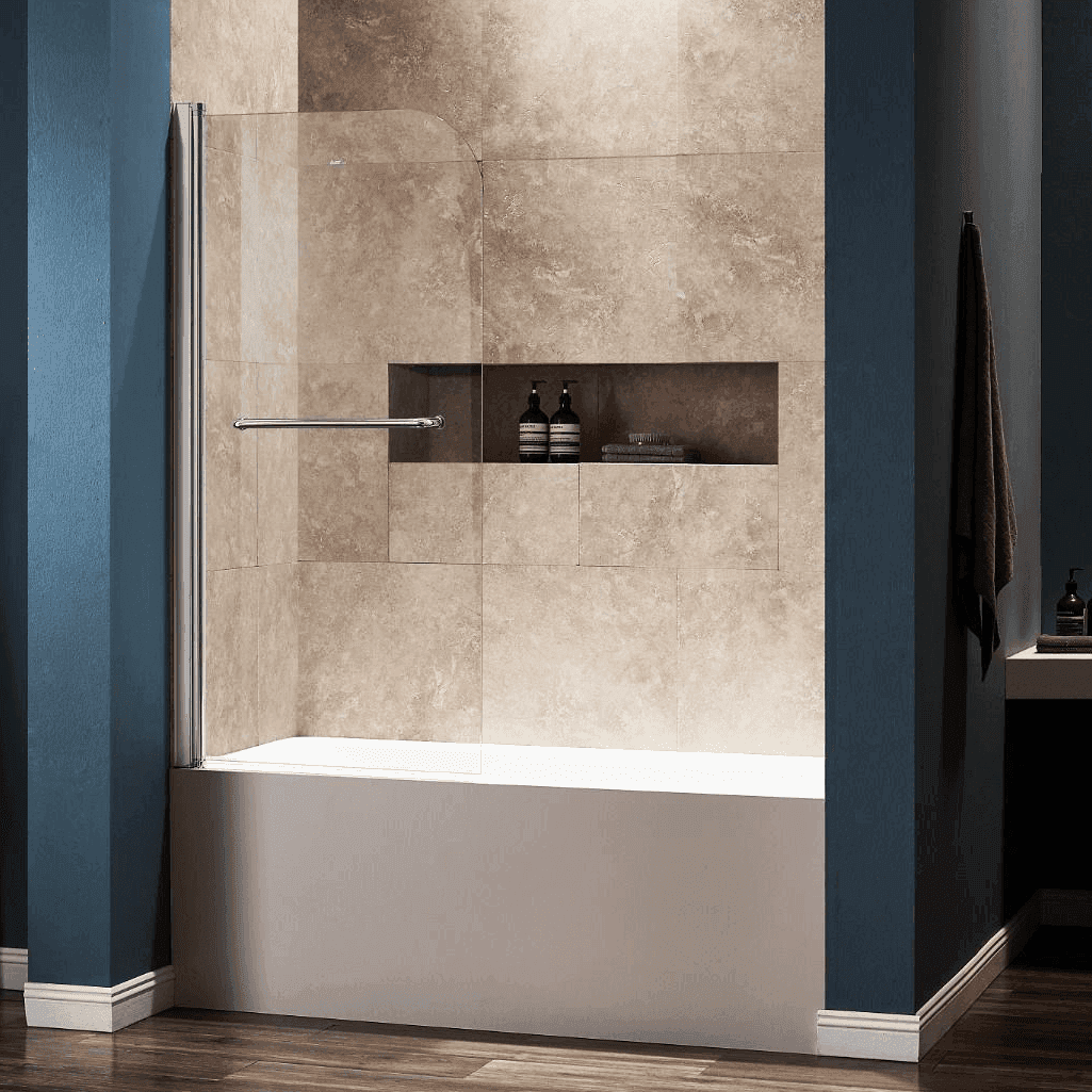 Dreamwerks 30 in. W x 59 in. H Frameless Pivot Tub Door with Clear Glass and Handle in Bright Chrome - Dreamwerks