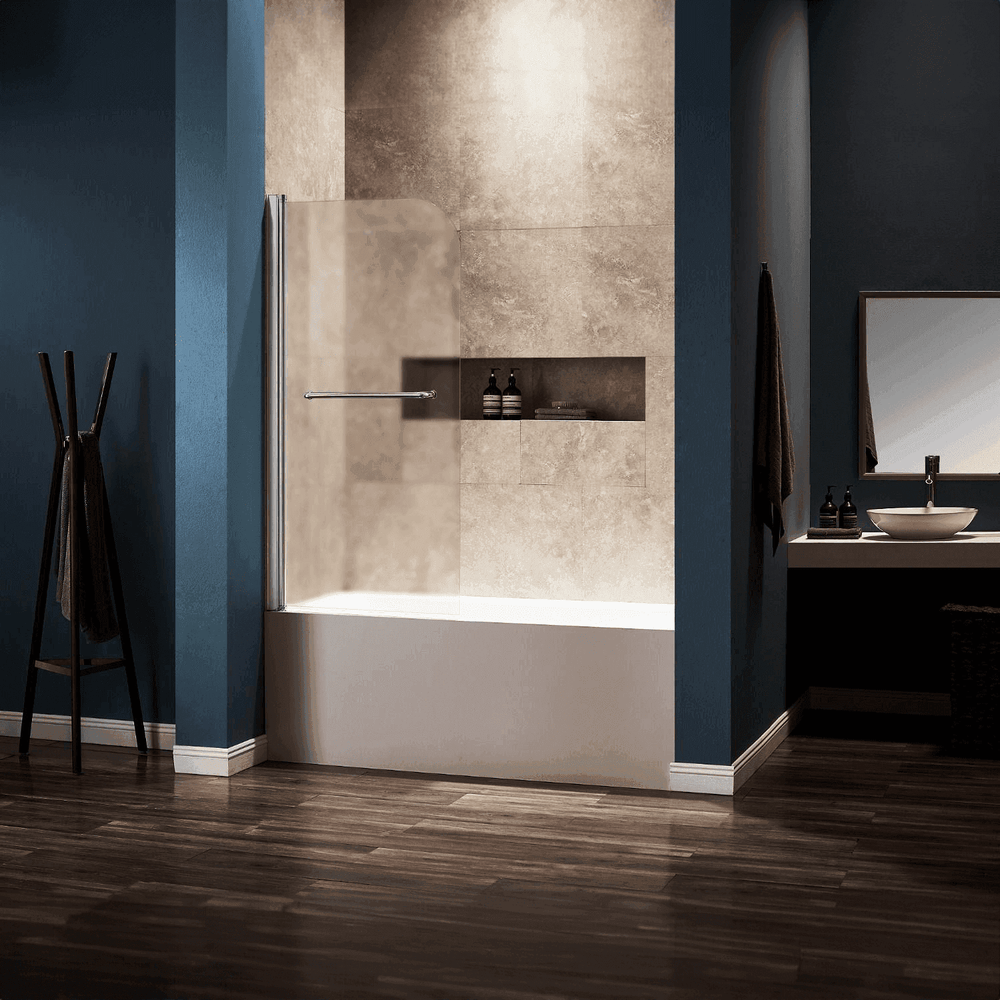 Dreamwerks - Tub Door - Dreamwerks 30 in. W x 59 in. H Frameless Pivot Tub Door with Frosted Glass and Handle in Bright Chrome- 136AFL
