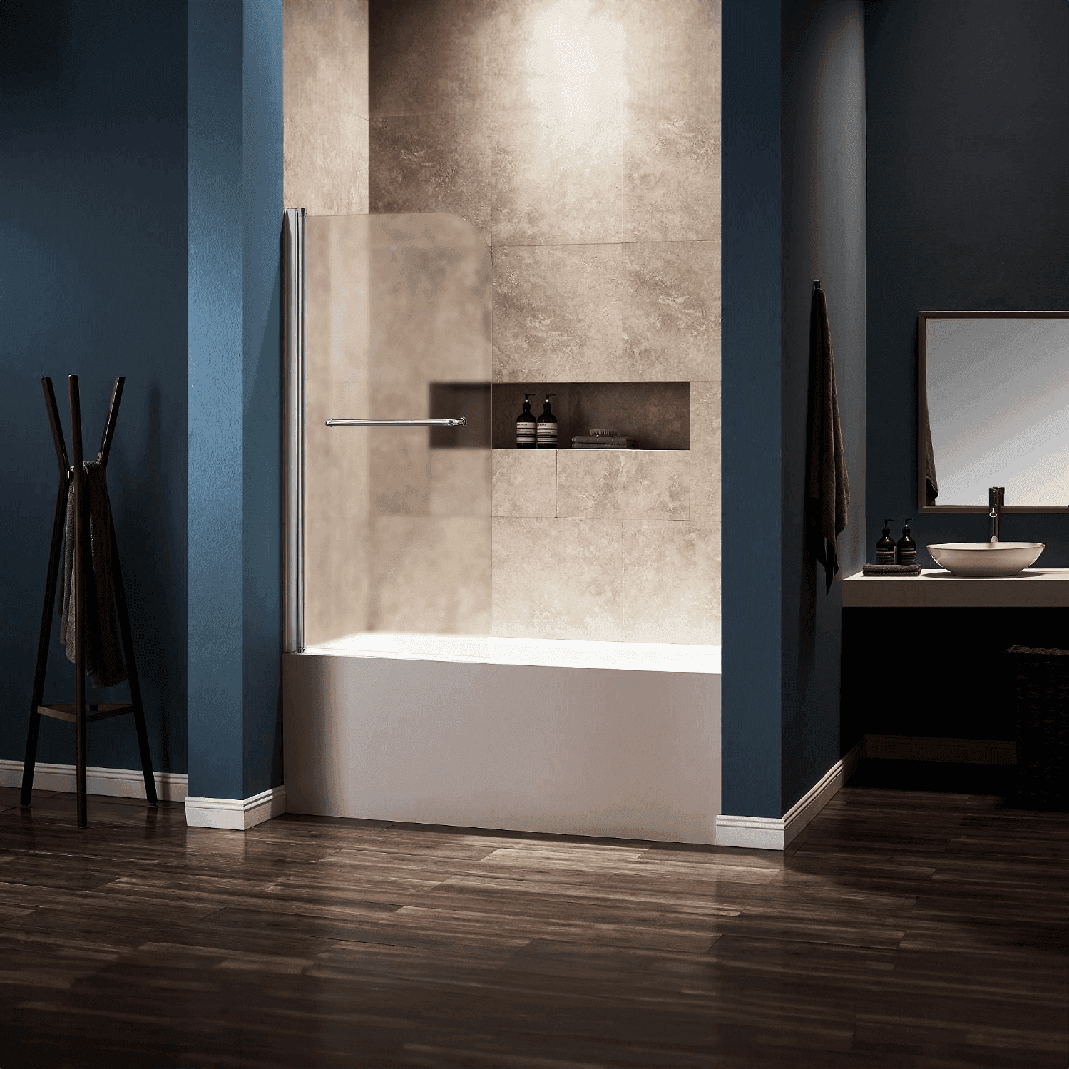 Dreamwerks 30 in. W x 59 in. H Frameless Pivot Tub Door with Frosted Glass and Handle in Bright Chrome - Dreamwerks