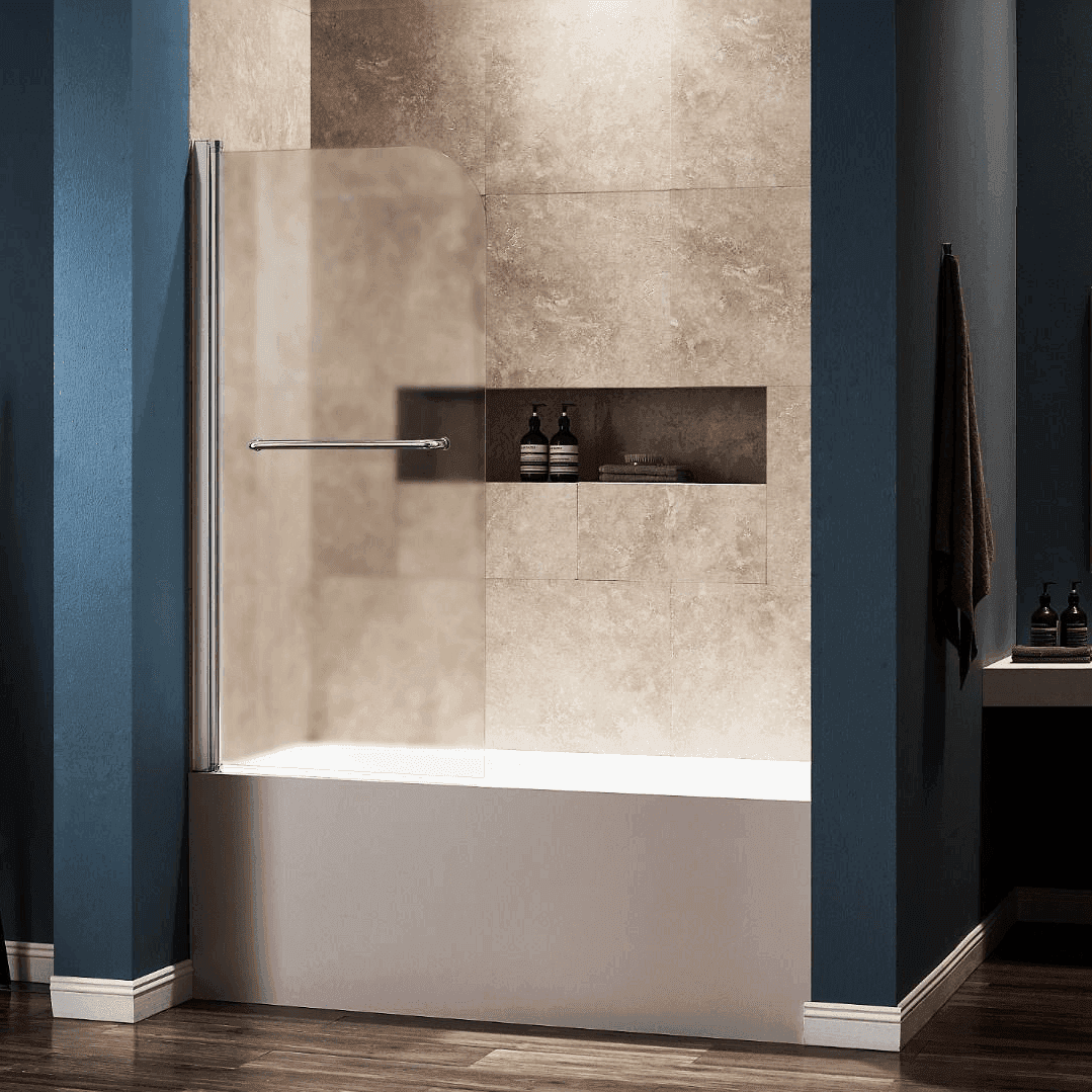 Dreamwerks 30 in. W x 59 in. H Frameless Pivot Tub Door with Frosted Glass and Handle in Bright Chrome - Dreamwerks