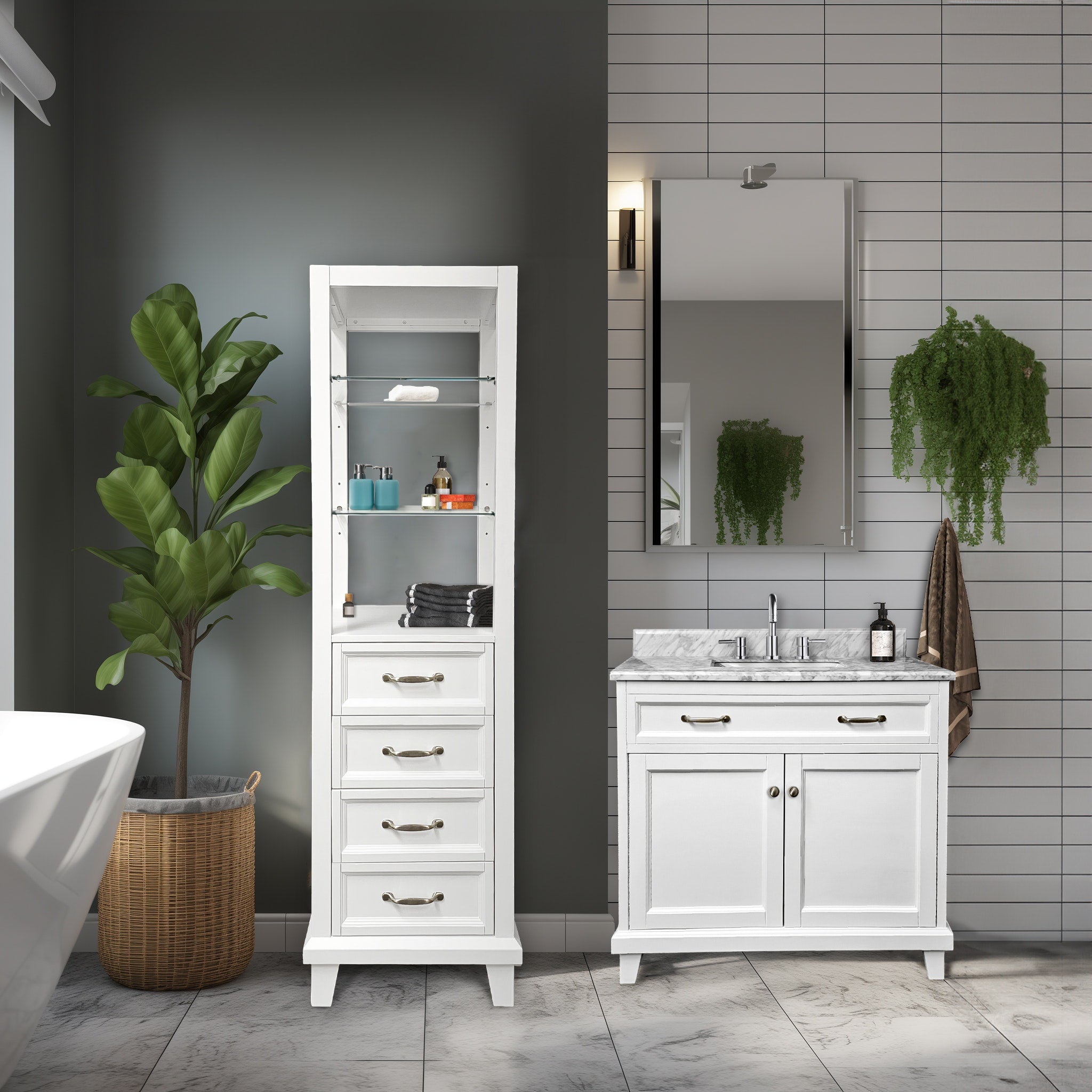 Bathroom Vanity in White with Solid Wood & Carrara Marble Top - Available in 3 sizes - Dreamwerks