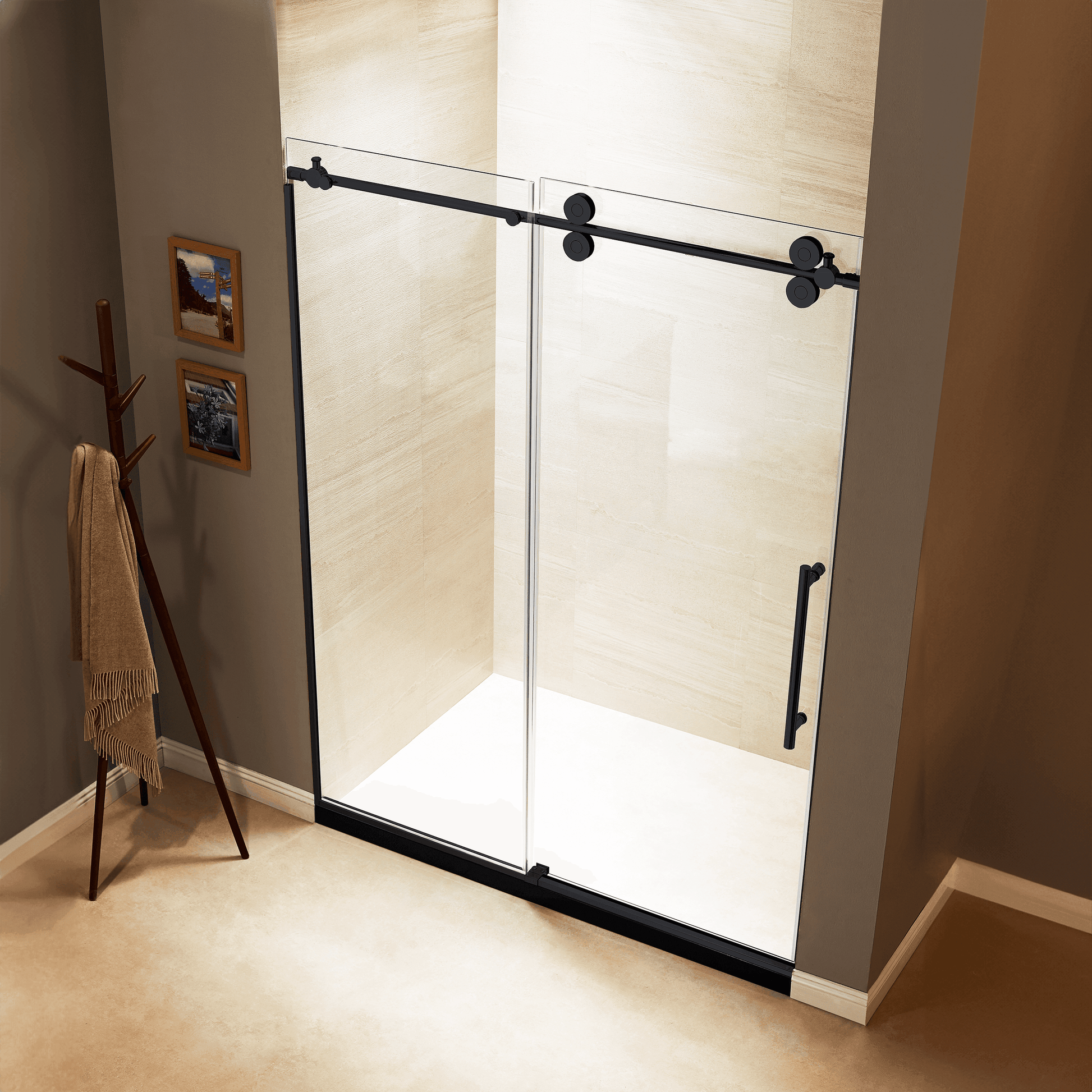 Apollo 60 in. W x 79 in. H Frameless Double Roller Shower Door in Black - Dreamwerks