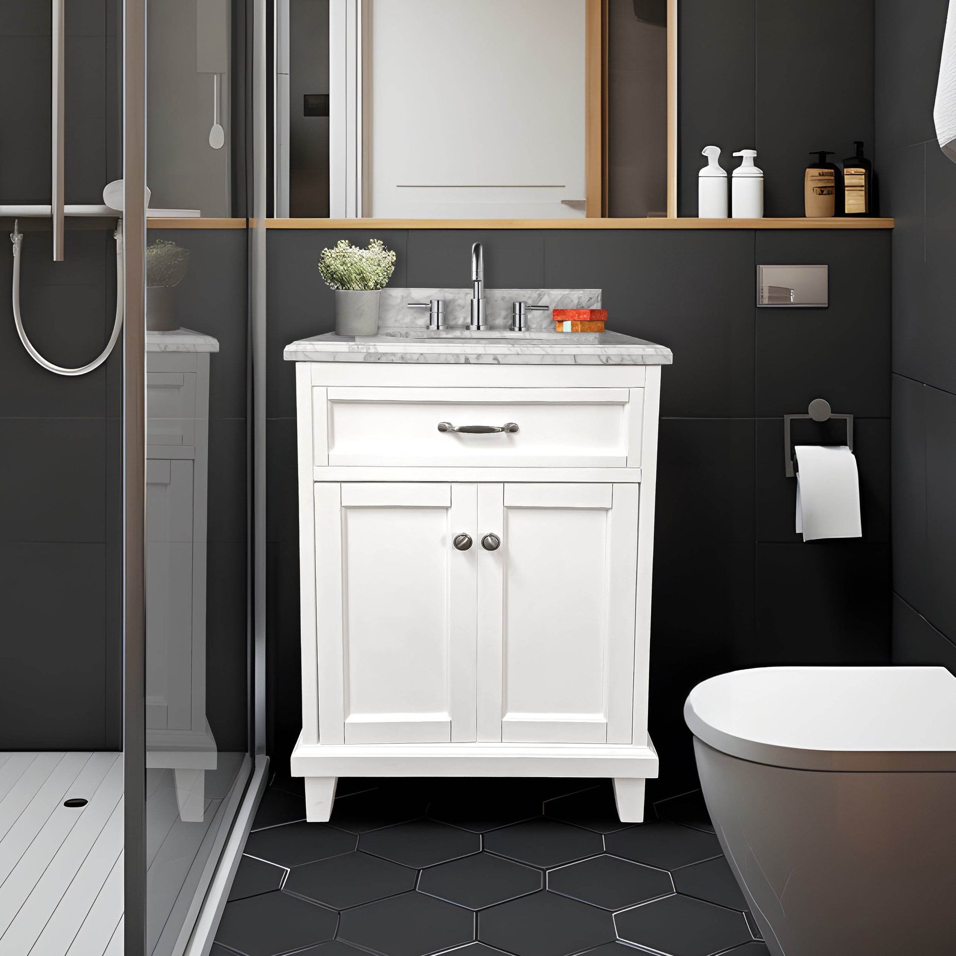 Bathroom Vanity in White with Solid Wood & Carrara Marble Top - Available in 3 sizes - Dreamwerks