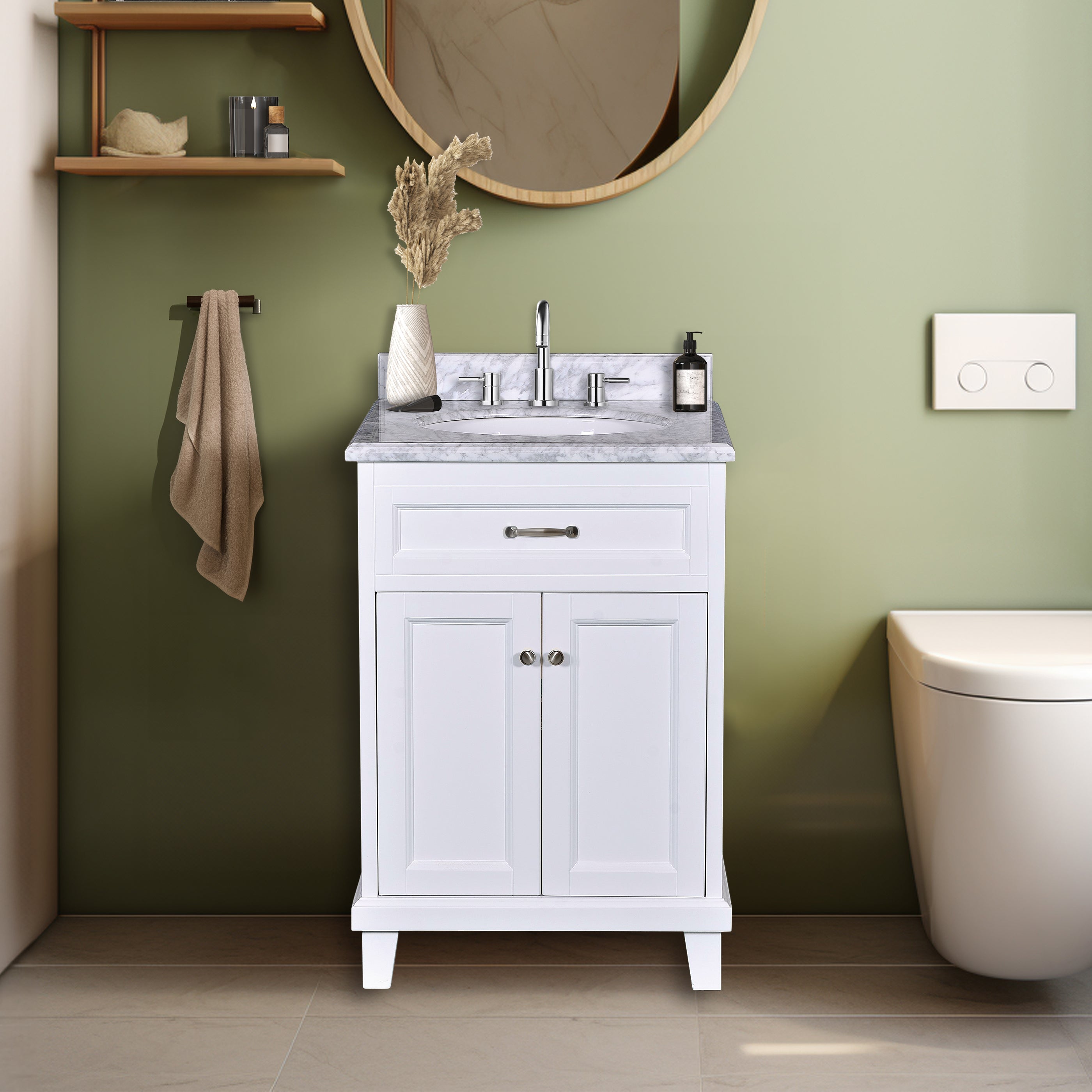 Bathroom Vanity in White with Solid Wood & Carrara Marble Top - Available in 3 sizes - Dreamwerks