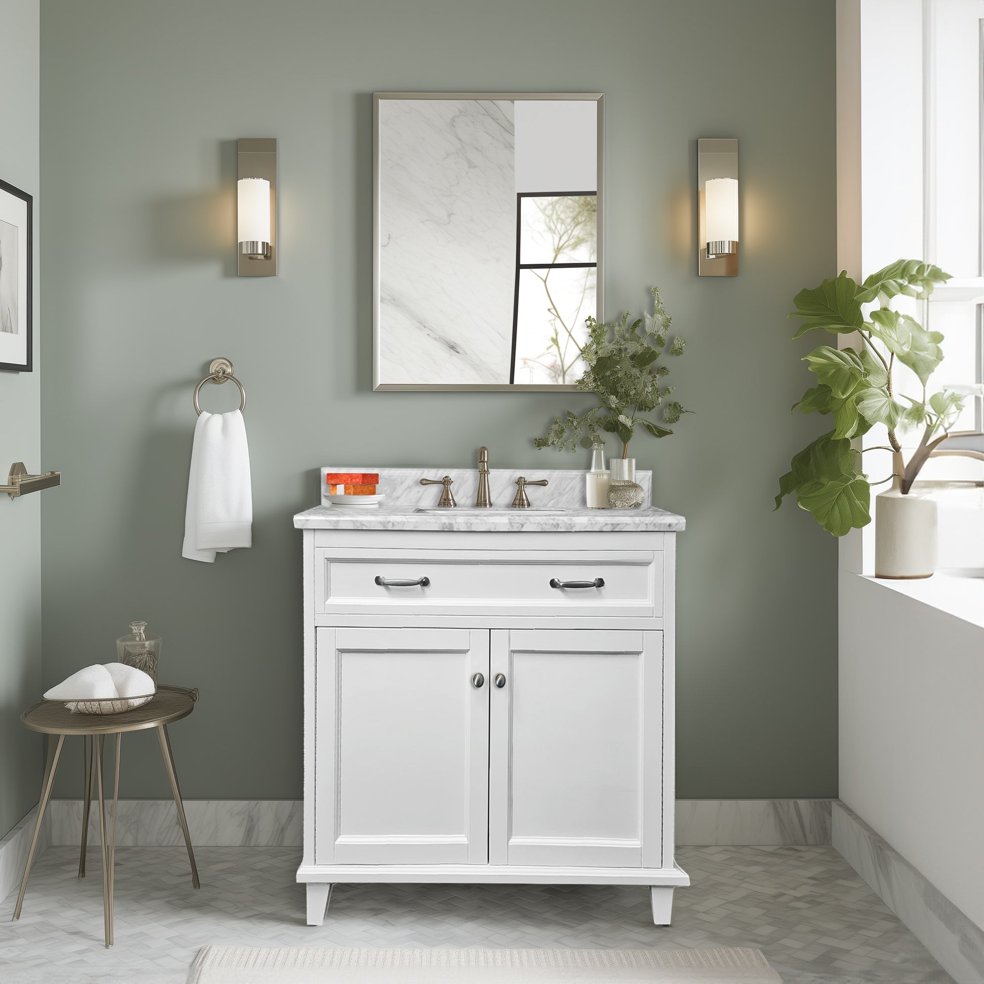 30"W x 22.4"D x 35"H White Vanity w/ Solid Wood & Carrara Marble Top - Dreamwerks