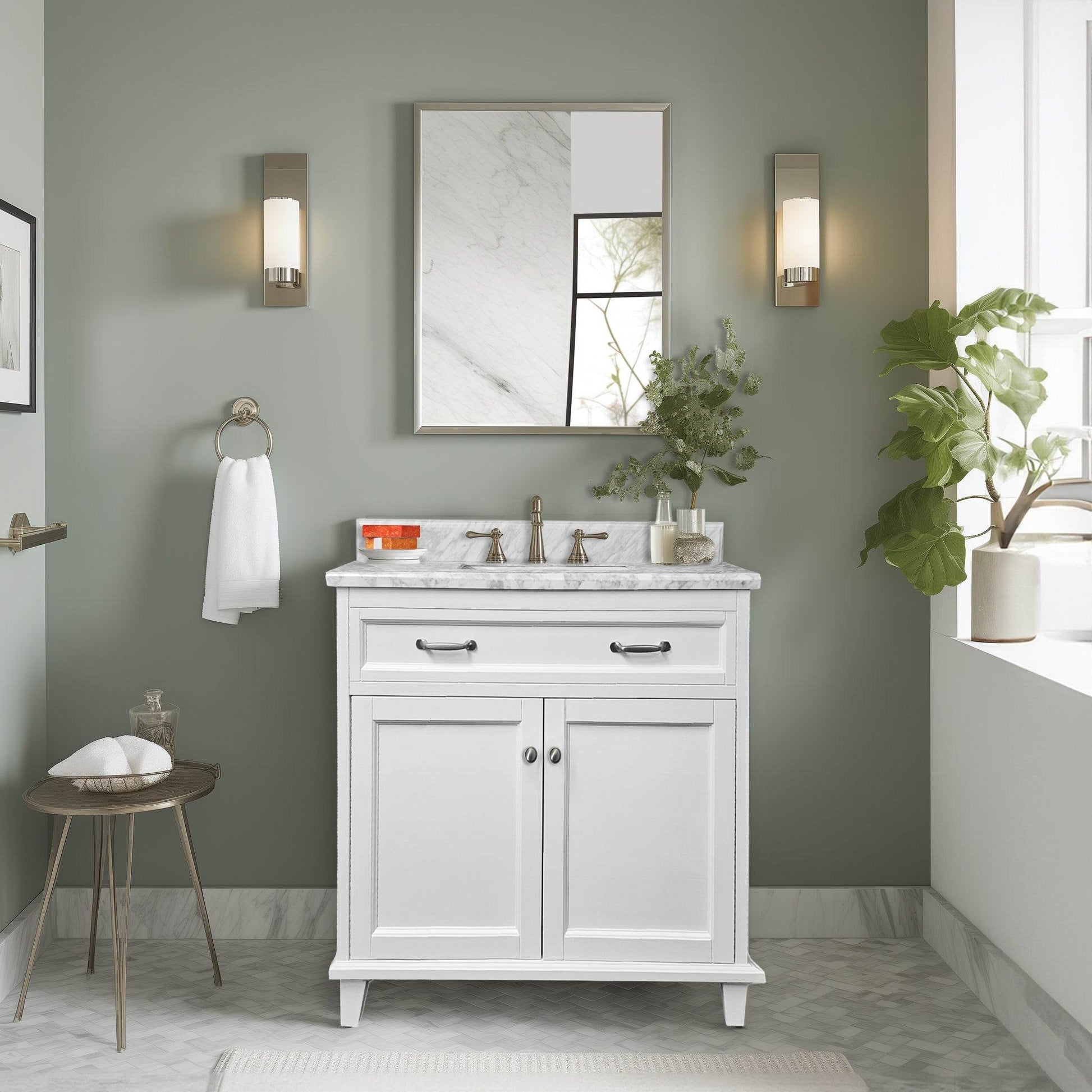 Bathroom Vanity in White with Solid Wood & Carrara Marble Top - Available in 3 sizes - Dreamwerks