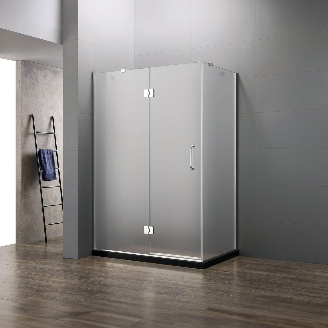 47 in. frameless 3-piece corner pivot shower enclosure with chrome hardware – modern bathroom fixture