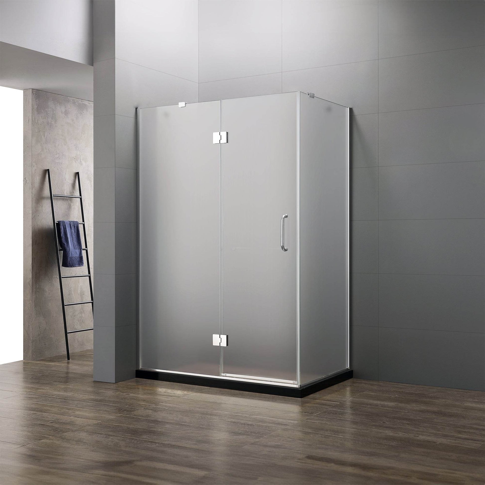 47 in. frameless 3-piece corner pivot shower enclosure with chrome hardware – modern bathroom fixture