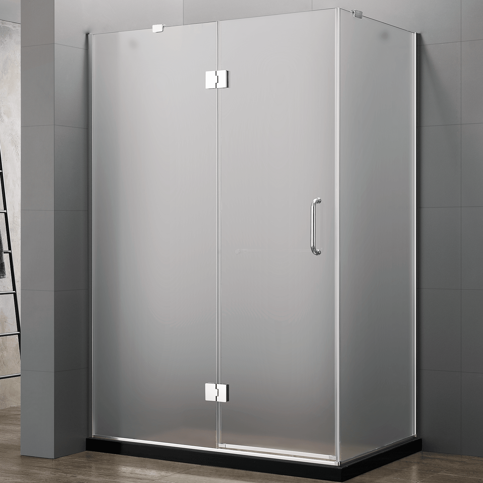 47 in. frameless 3-piece corner pivot shower enclosure with chrome hardware – modern bathroom fixture